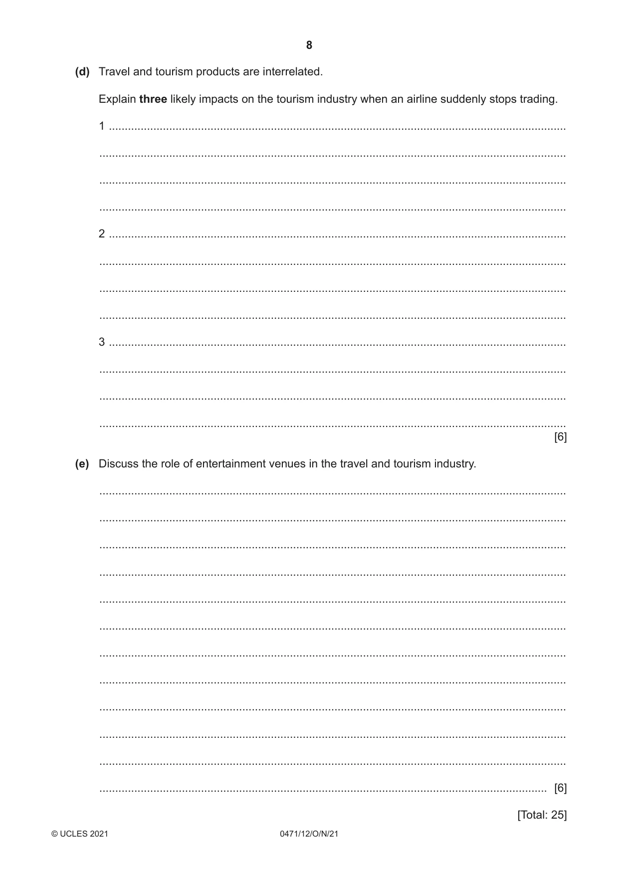 Cambridge IGCSE Travel and Tourism 0471 2021 Oct/Nov Paper 1 · Variant 2 question paper, page 8 of 12