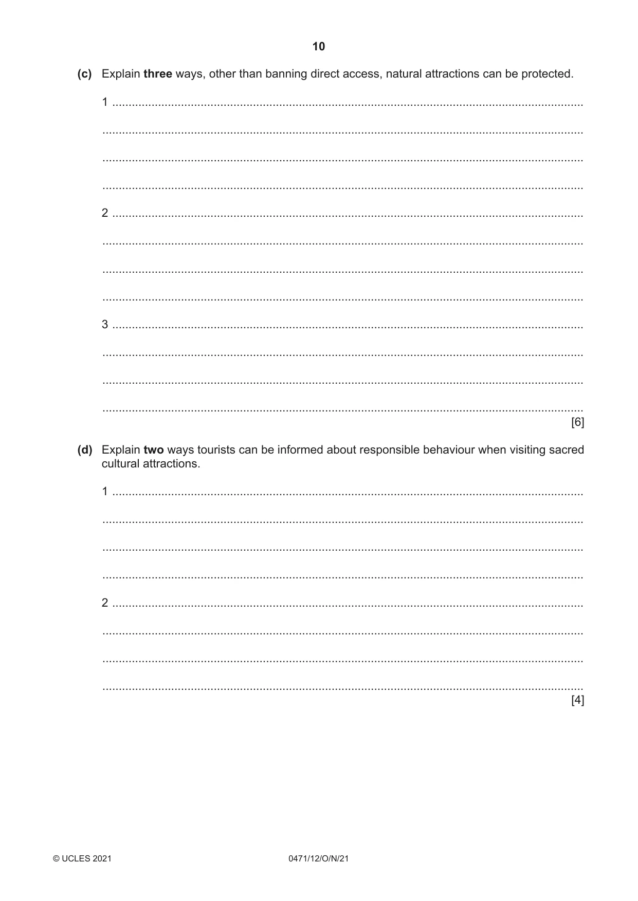 Cambridge IGCSE Travel and Tourism 0471 2021 Oct/Nov Paper 1 · Variant 2 question paper, page 10 of 12