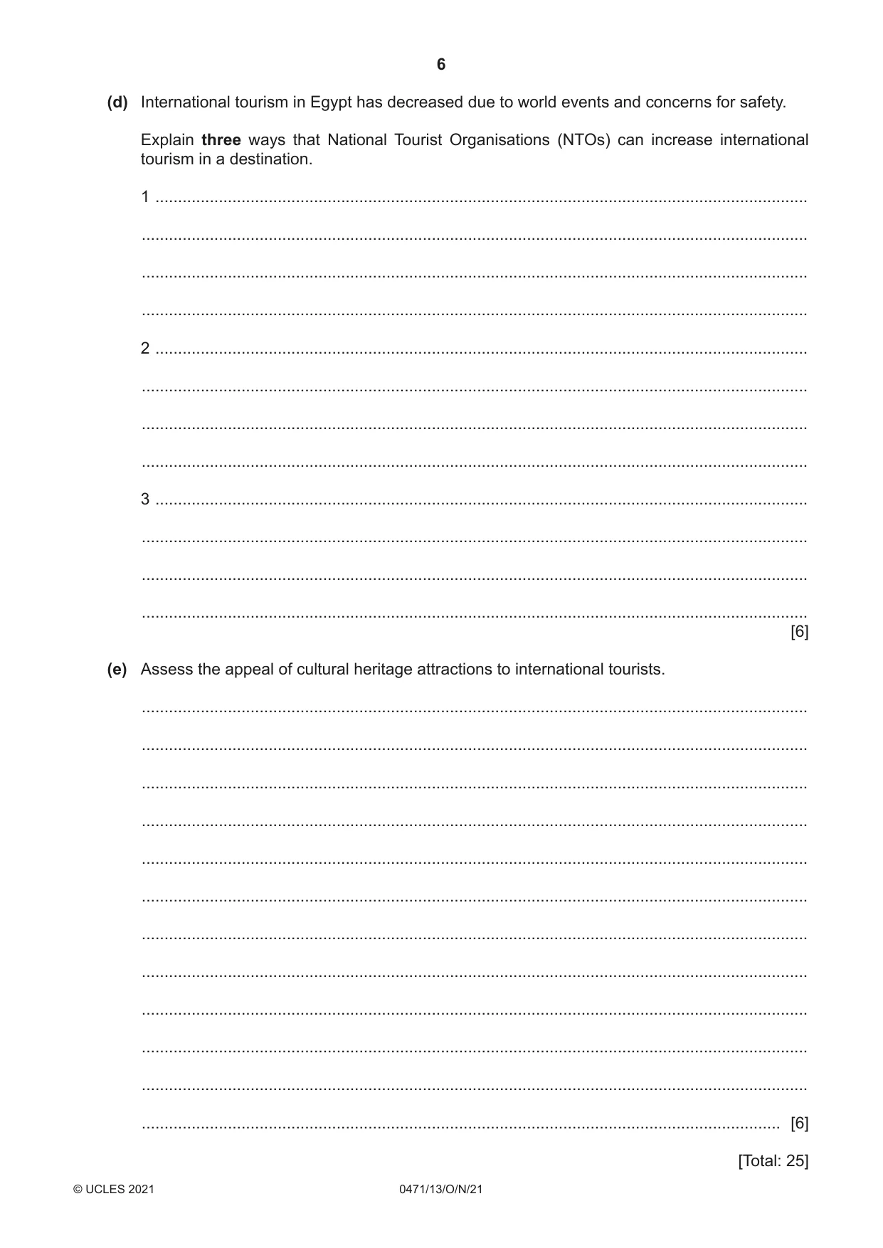 Cambridge IGCSE Travel and Tourism 0471 2021 Oct/Nov Paper 1 · Variant 3 question paper, page 6 of 12