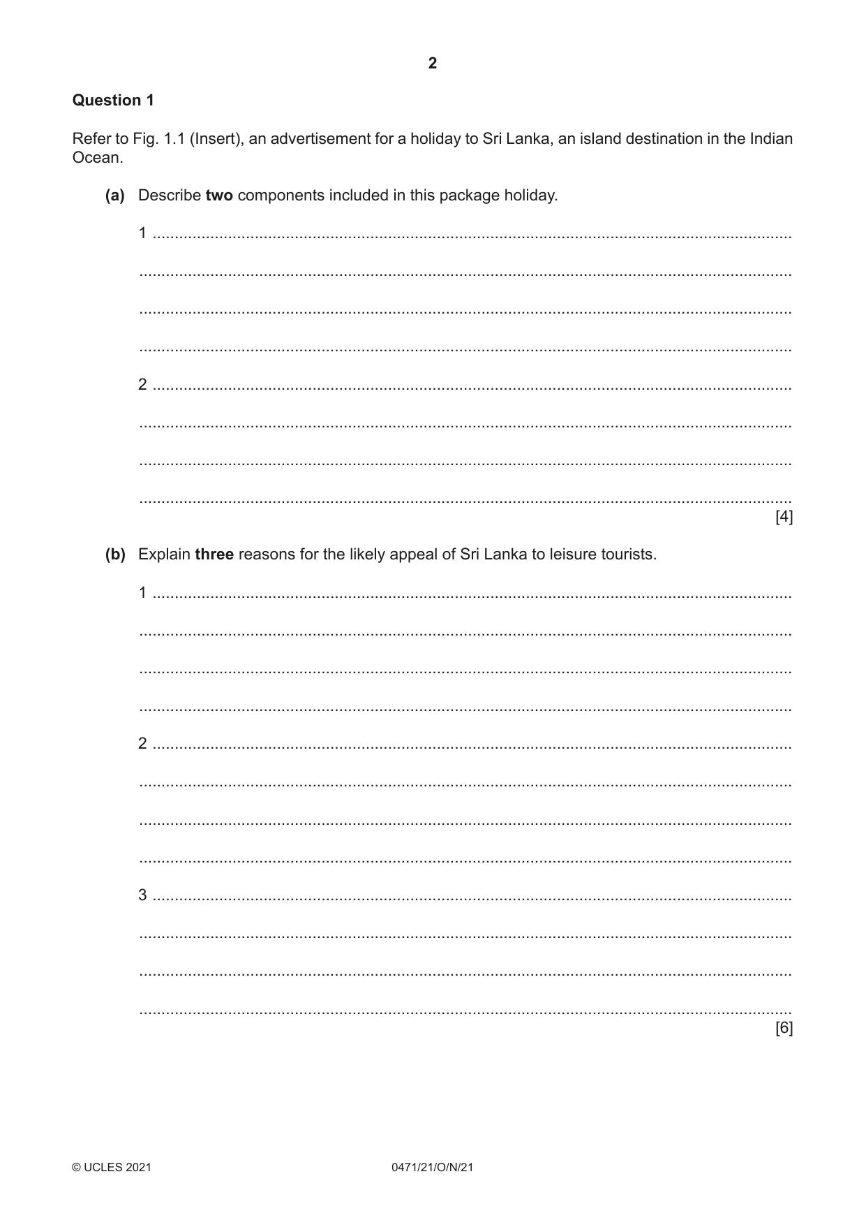 Cambridge IGCSE Travel and Tourism 0471 2021 Oct/Nov Paper 2 · Variant 1 question paper, page 2 of 16