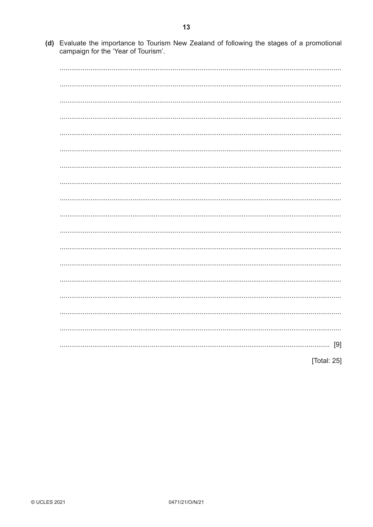 Cambridge IGCSE Travel and Tourism 0471 2021 Oct/Nov Paper 2 · Variant 1 question paper, page 13 of 16