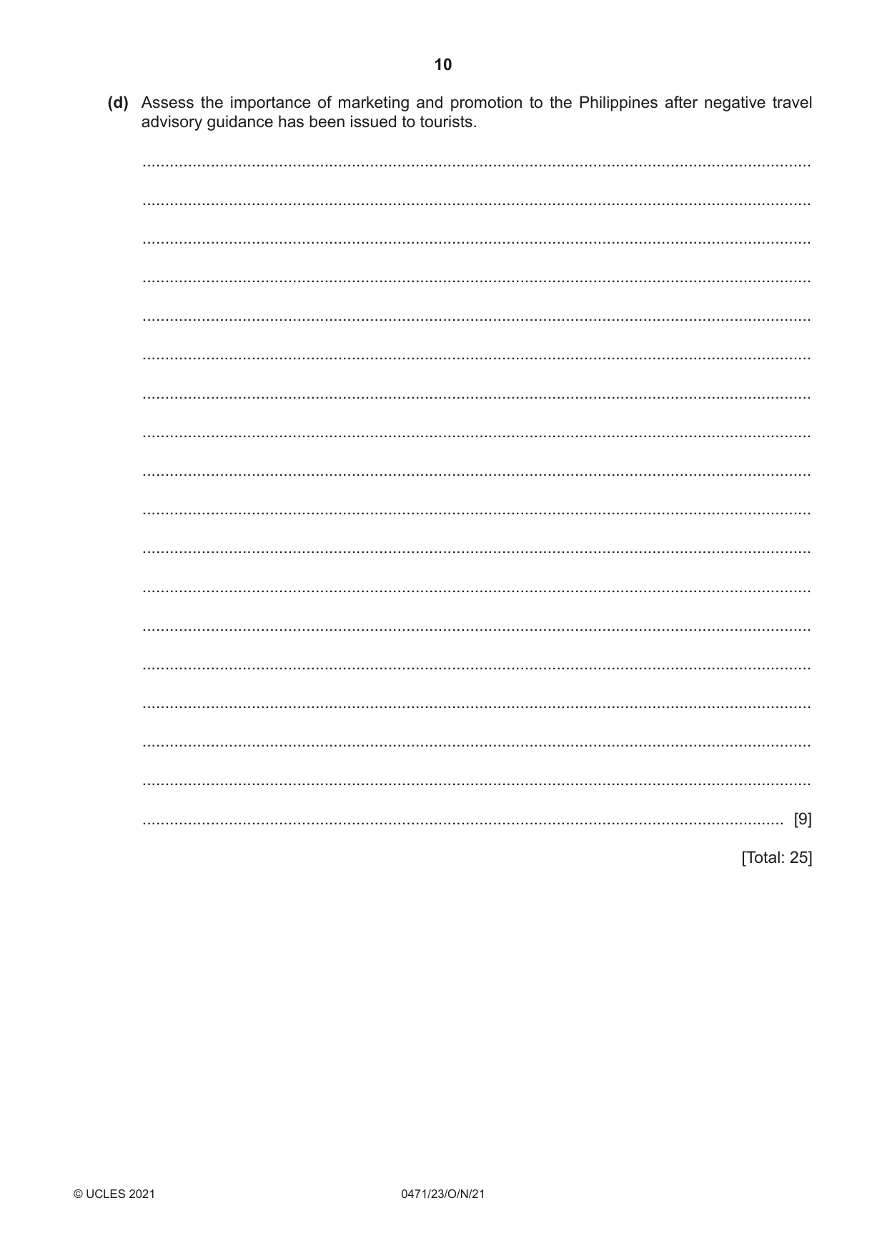 Cambridge IGCSE Travel and Tourism 0471 2021 Oct/Nov Paper 2 · Variant 3 question paper, page 10 of 16