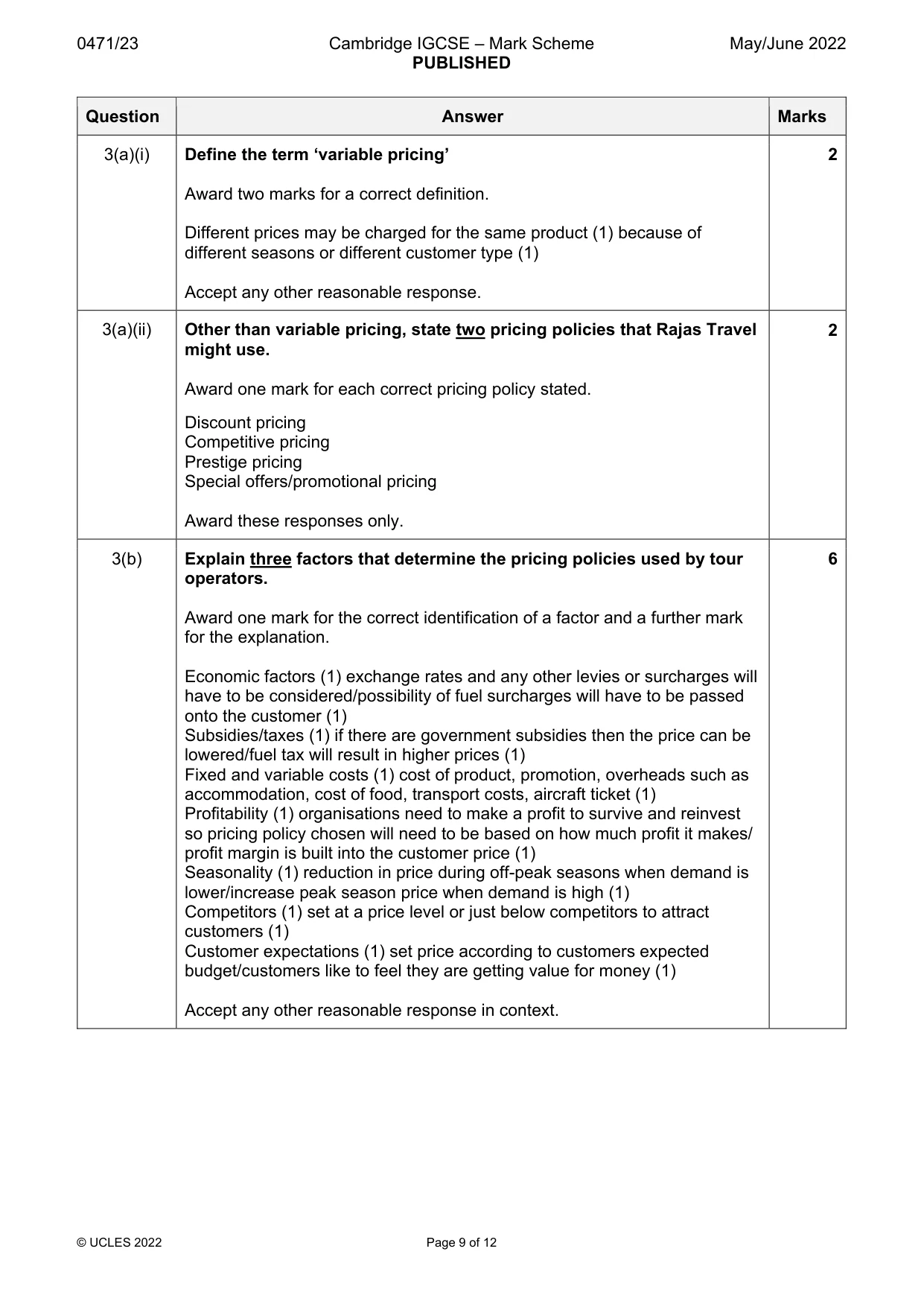 Mark scheme, page 9 of 12