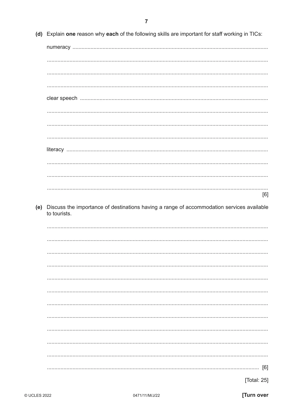 Cambridge IGCSE Travel and Tourism 0471 2022 May/June Paper 1 · Variant 1 question paper, page 7 of 12