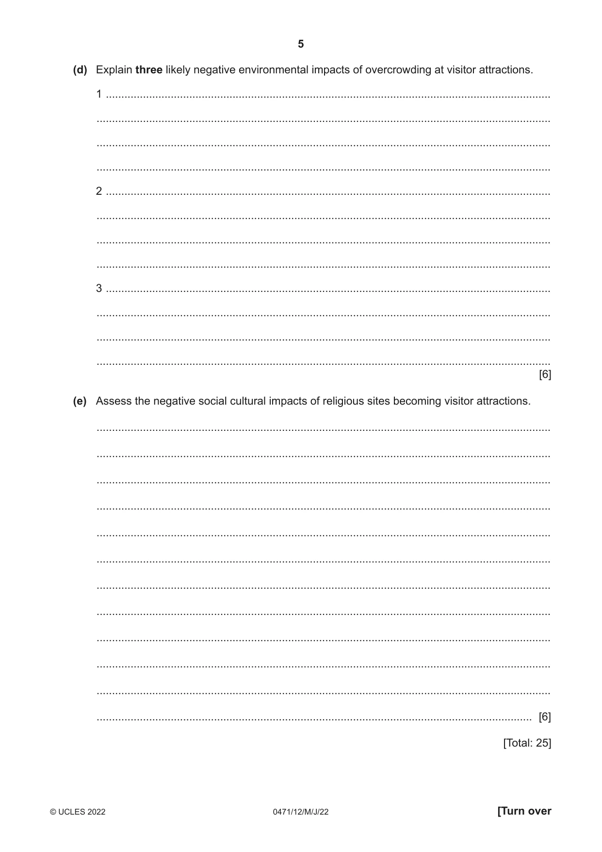 Cambridge IGCSE Travel and Tourism 0471 2022 May/June Paper 1 · Variant 2 question paper, page 5 of 12