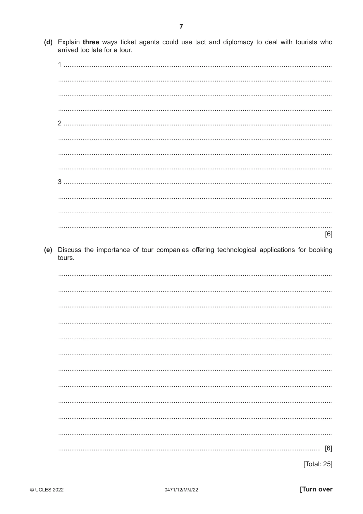 Cambridge IGCSE Travel and Tourism 0471 2022 May/June Paper 1 · Variant 2 question paper, page 7 of 12