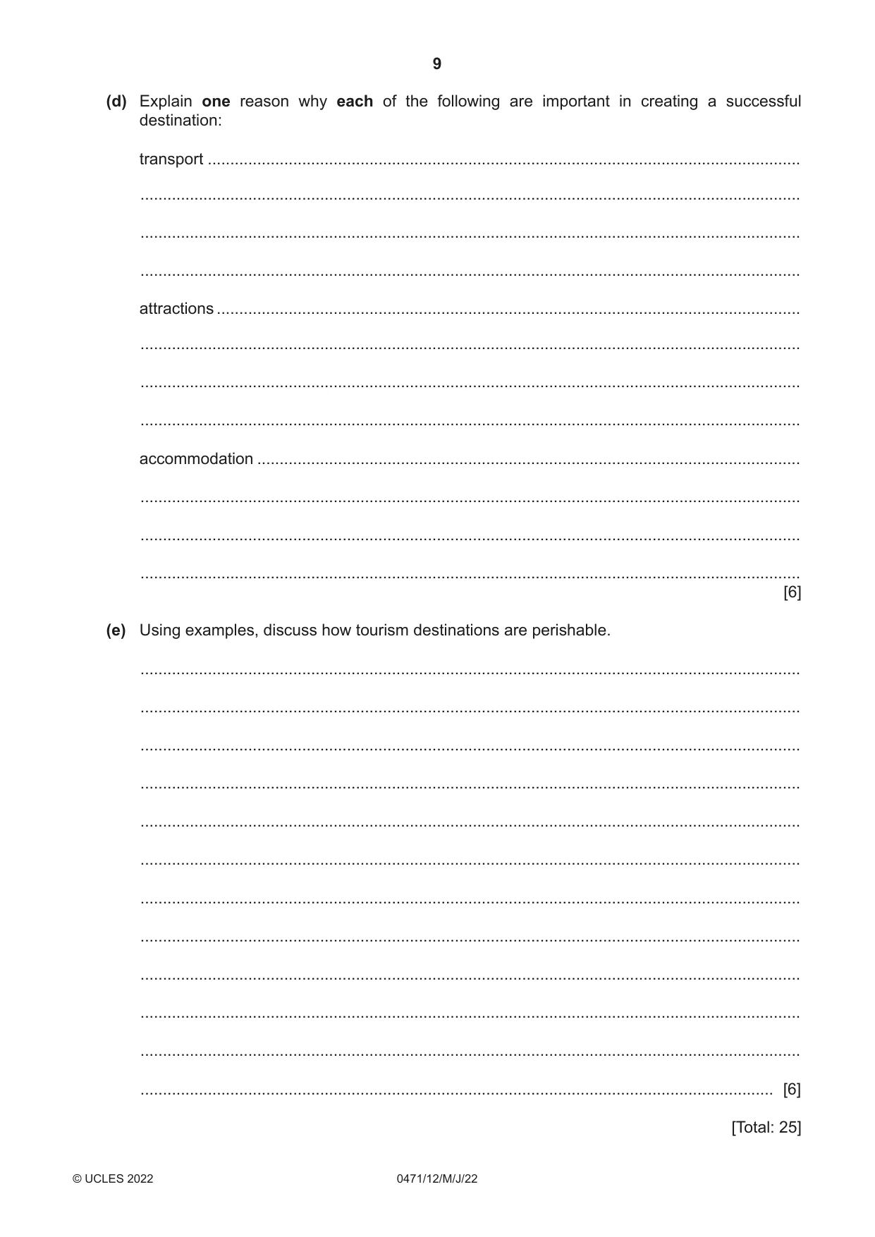 Cambridge IGCSE Travel and Tourism 0471 2022 May/June Paper 1 · Variant 2 question paper, page 9 of 12