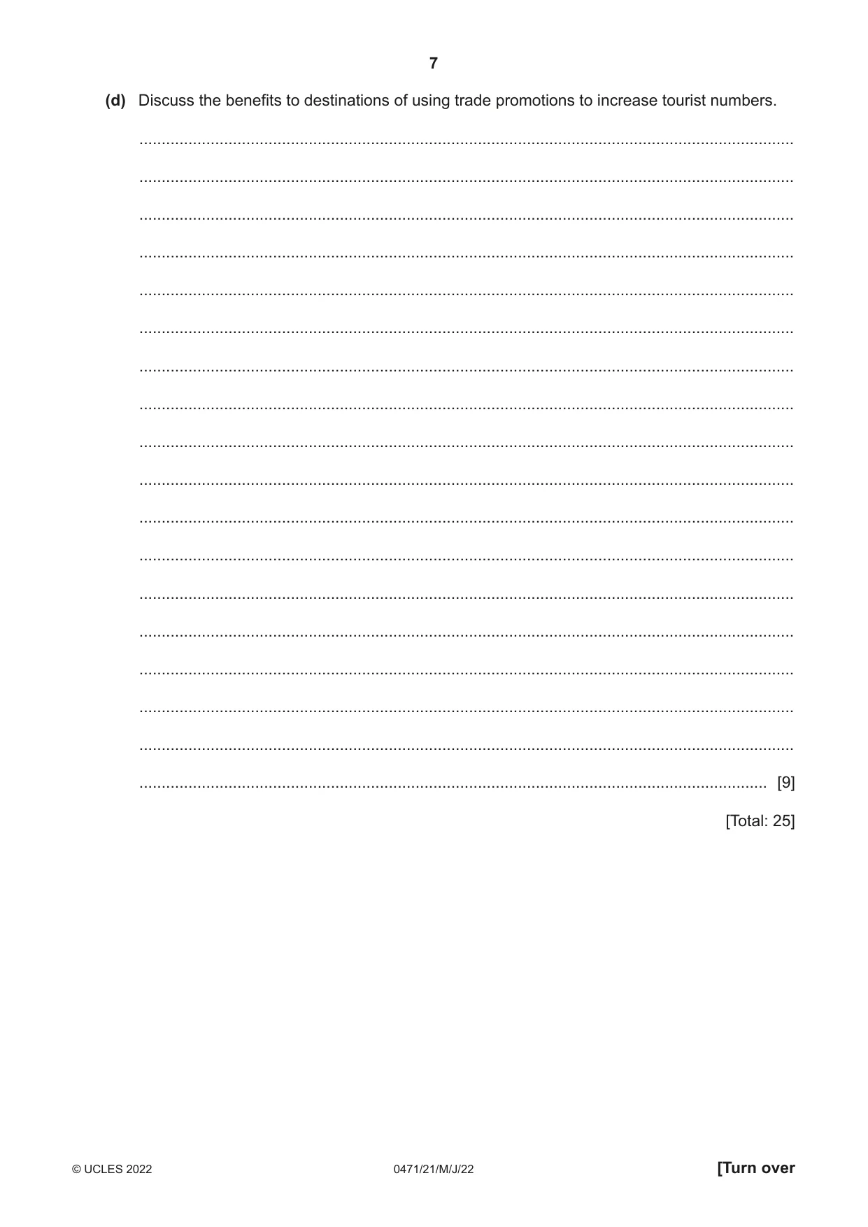 Cambridge IGCSE Travel and Tourism 0471 2022 May/June Paper 2 · Variant 1 question paper, page 7 of 16