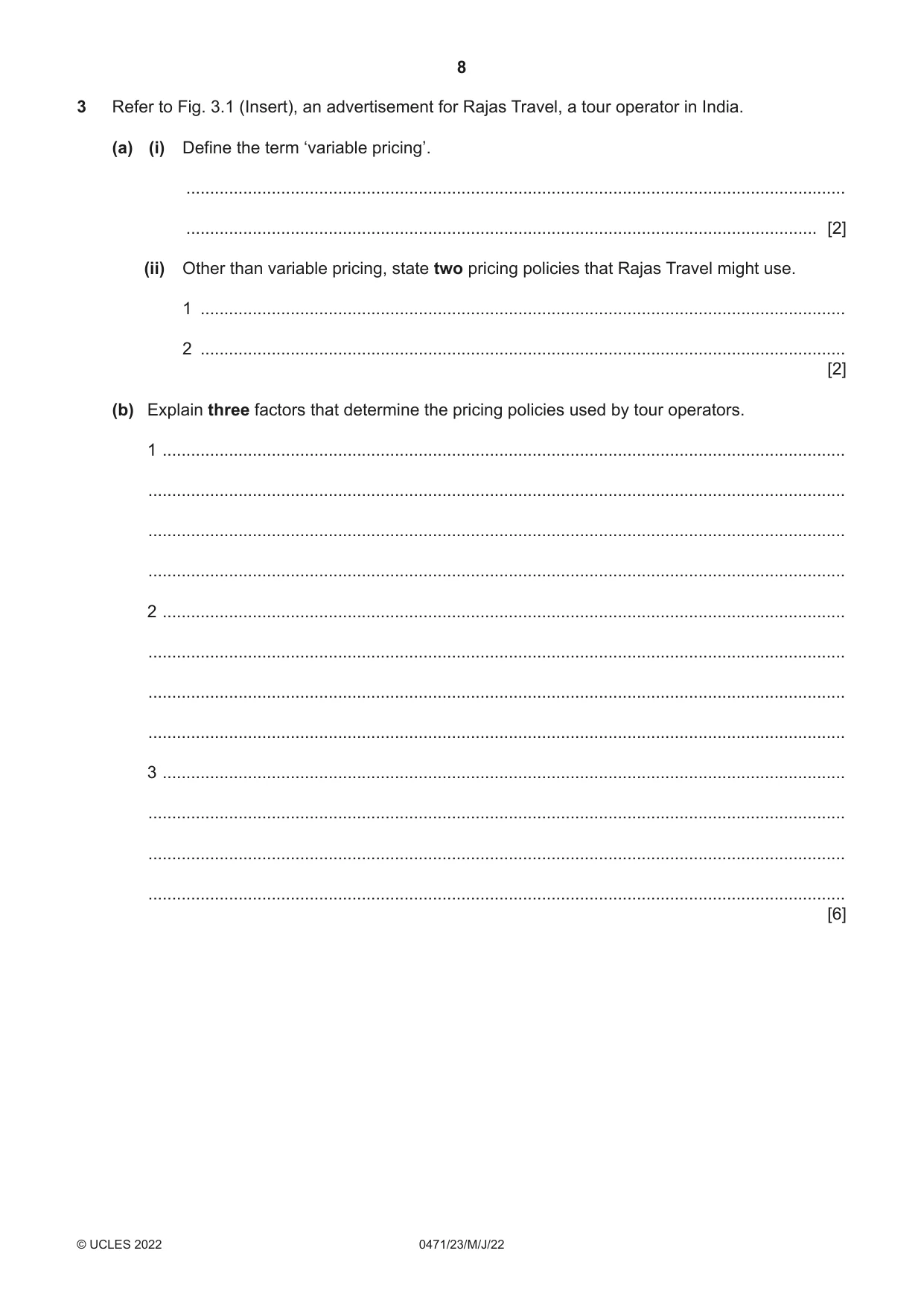 Cambridge IGCSE Travel and Tourism 0471 2022 May/June Paper 2 · Variant 3 question paper, page 8 of 16