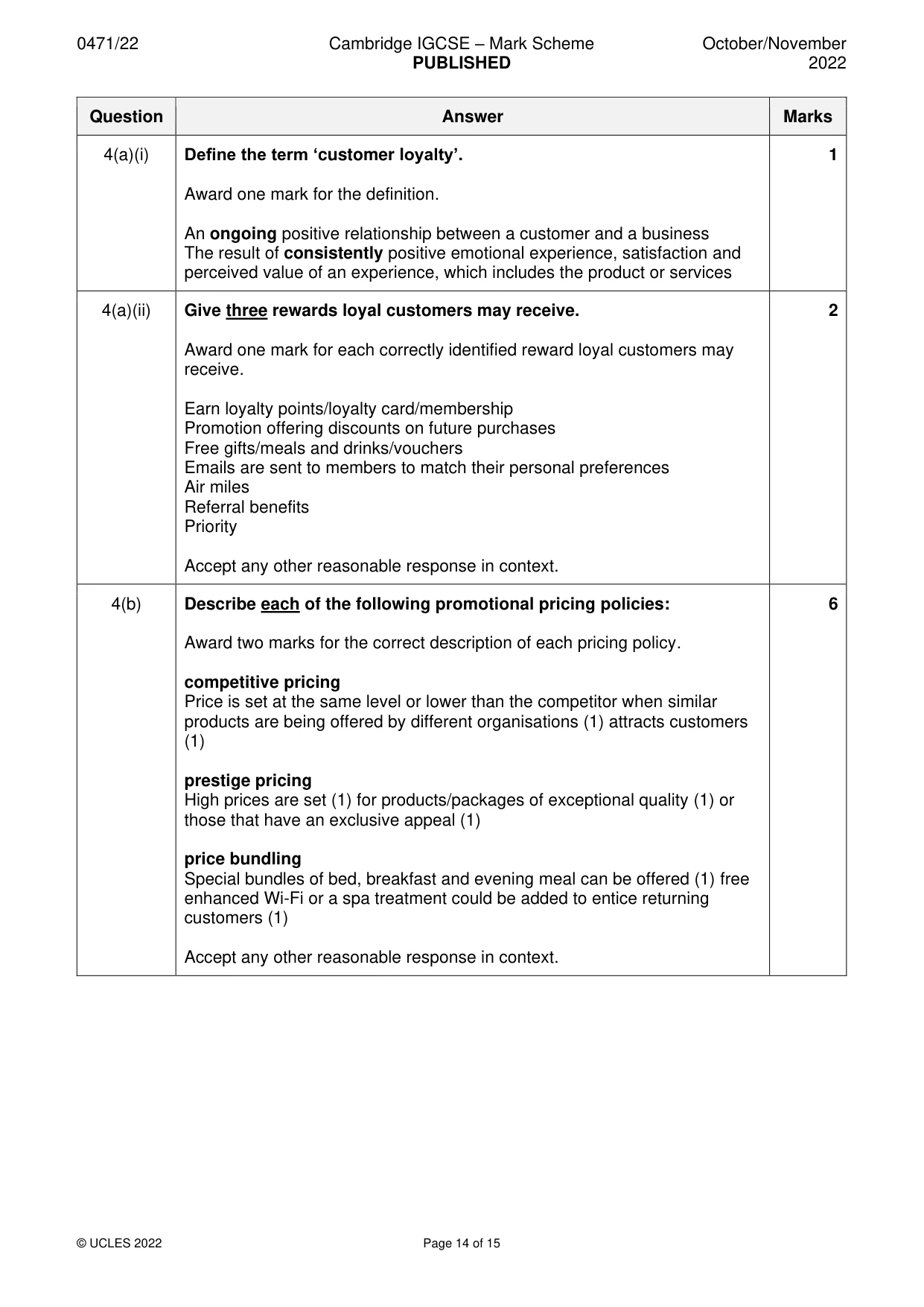 Mark scheme, page 14 of 15