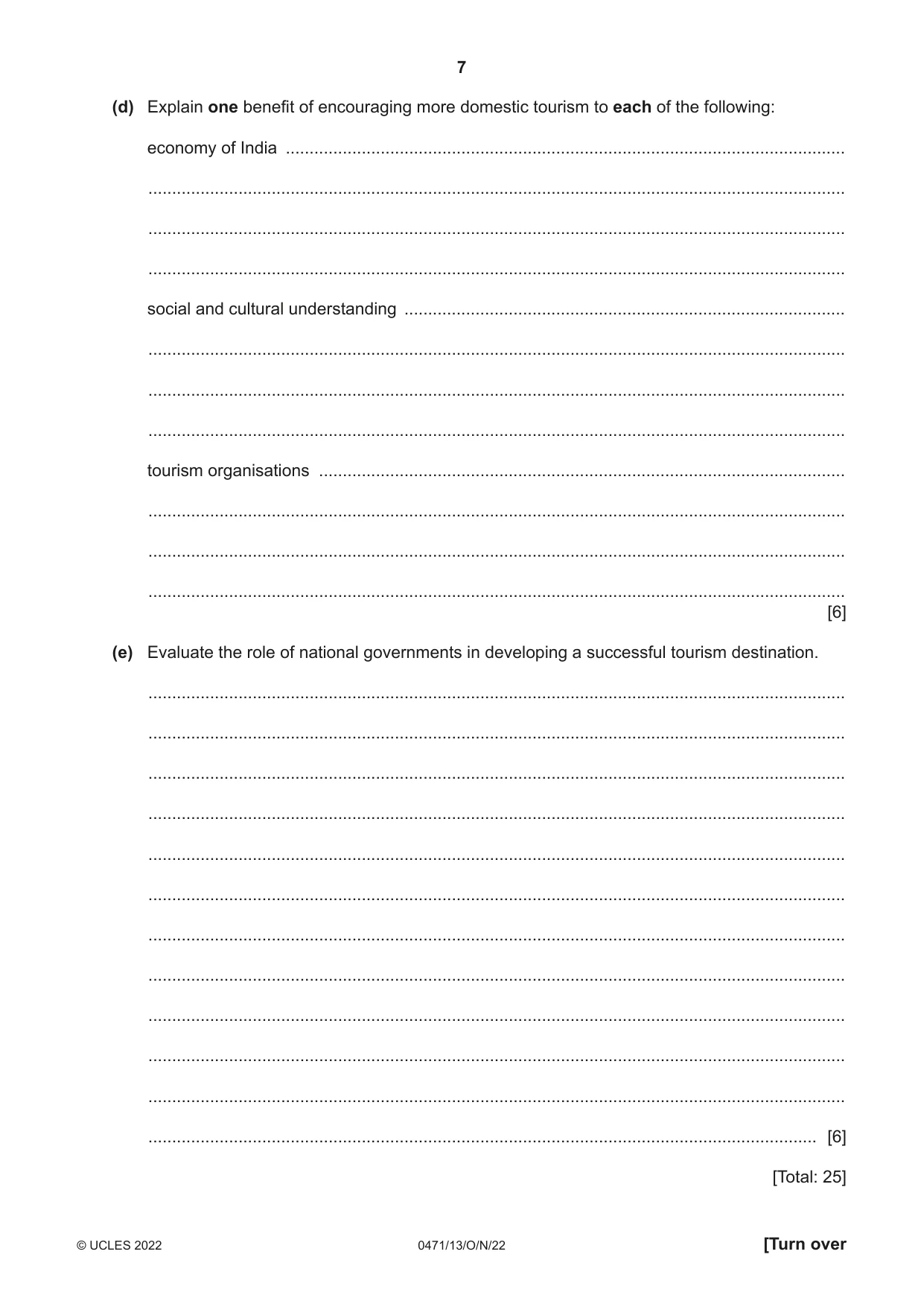 Cambridge IGCSE Travel and Tourism 0471 2022 Oct/Nov Paper 1 · Variant 3 question paper, page 7 of 12