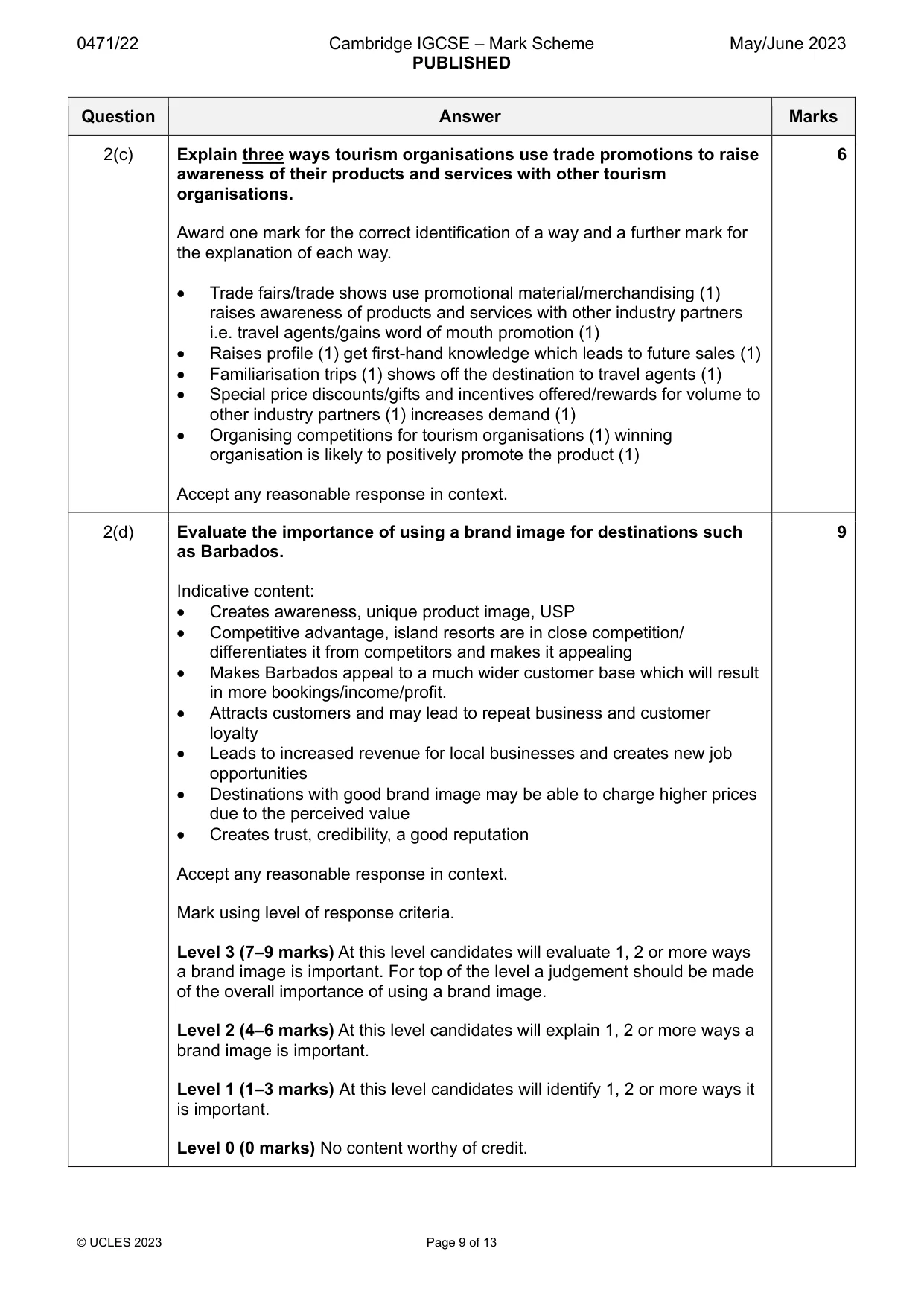 Mark scheme, page 9 of 13