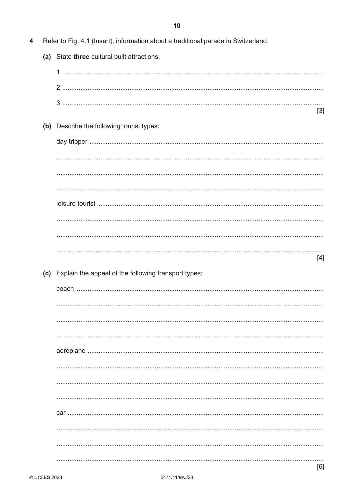 Cambridge IGCSE Travel and Tourism 0471 2023 May/June Paper 1 · Variant 1 question paper, page 10 of 12