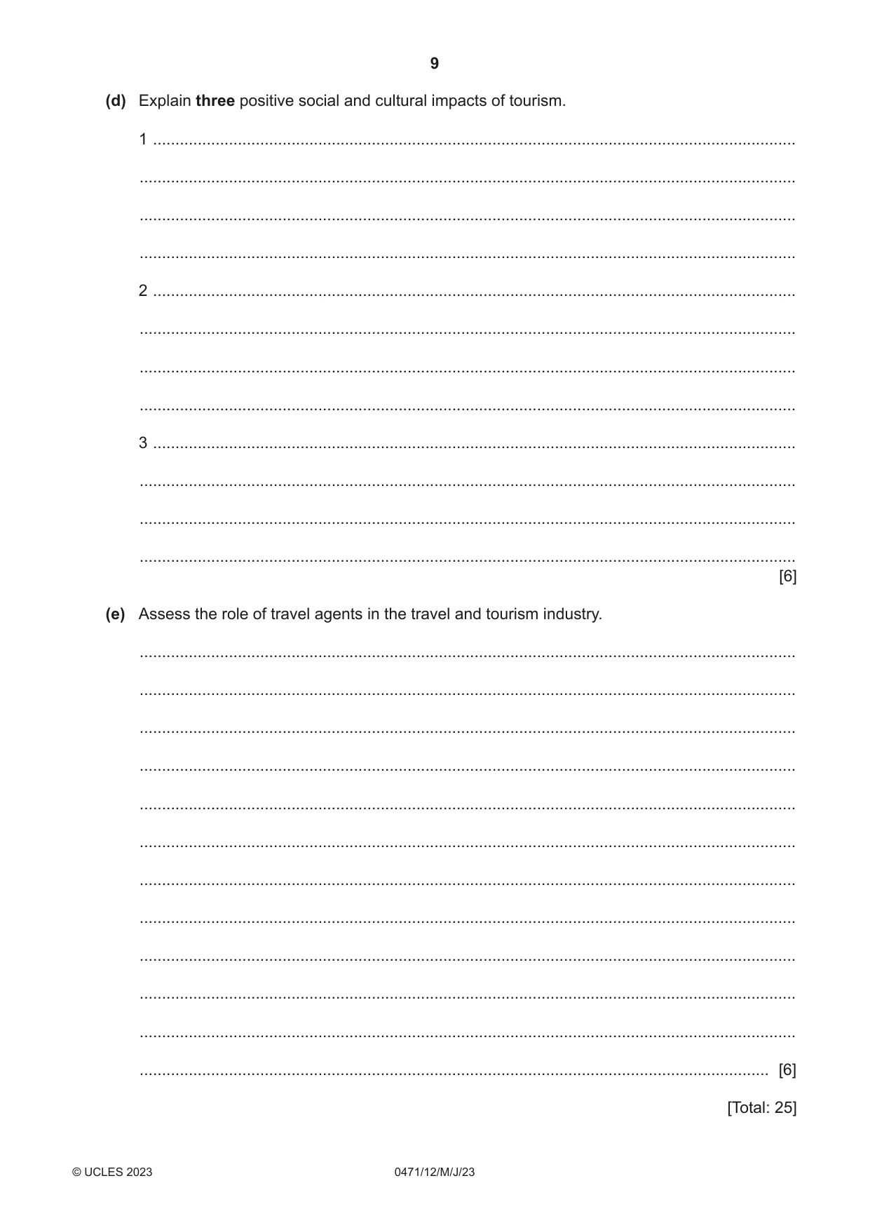 Cambridge IGCSE Travel and Tourism 0471 2023 May/June Paper 1 · Variant 2 question paper, page 9 of 12