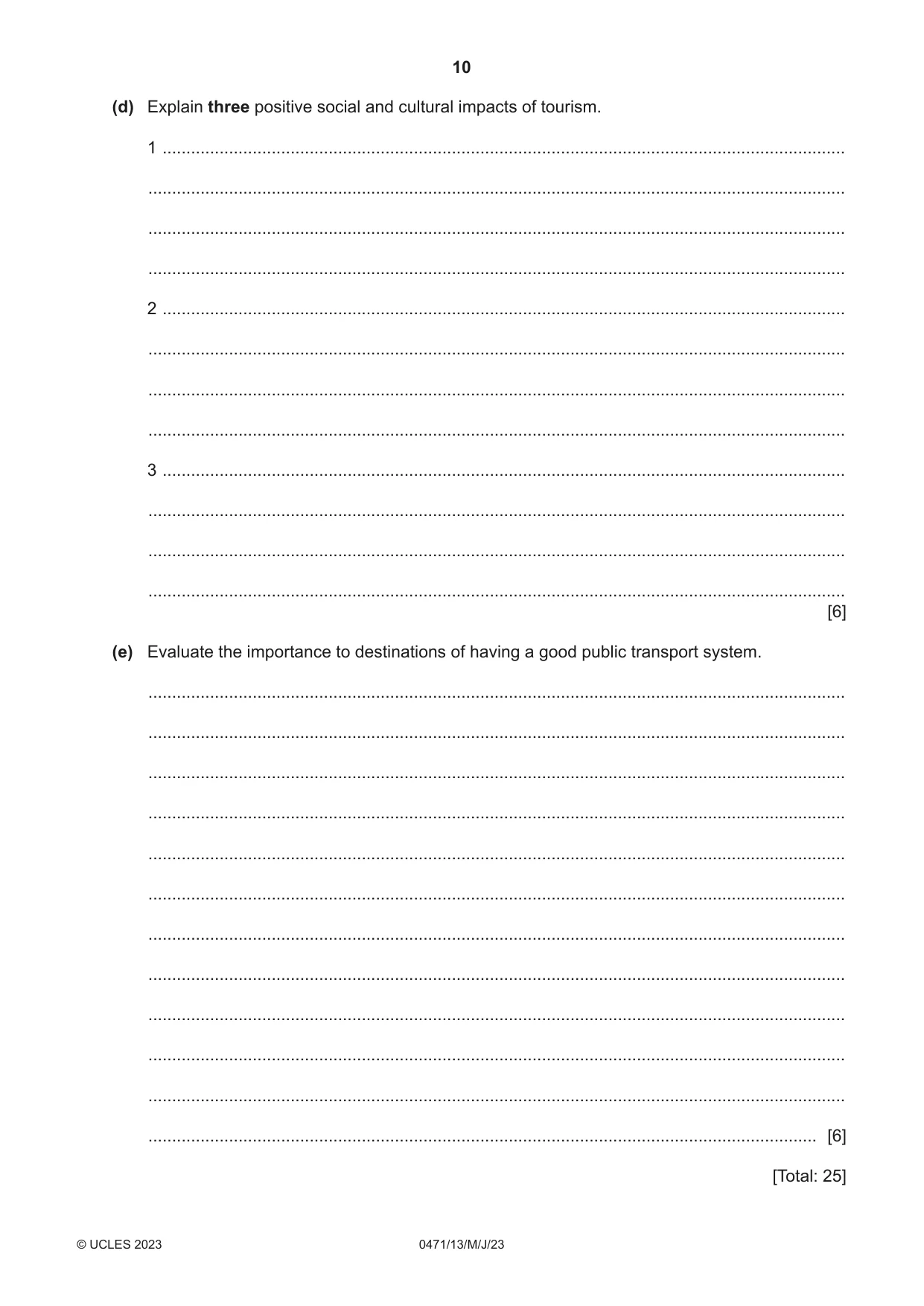 Cambridge IGCSE Travel and Tourism 0471 2023 May/June Paper 1 · Variant 3 question paper, page 10 of 12