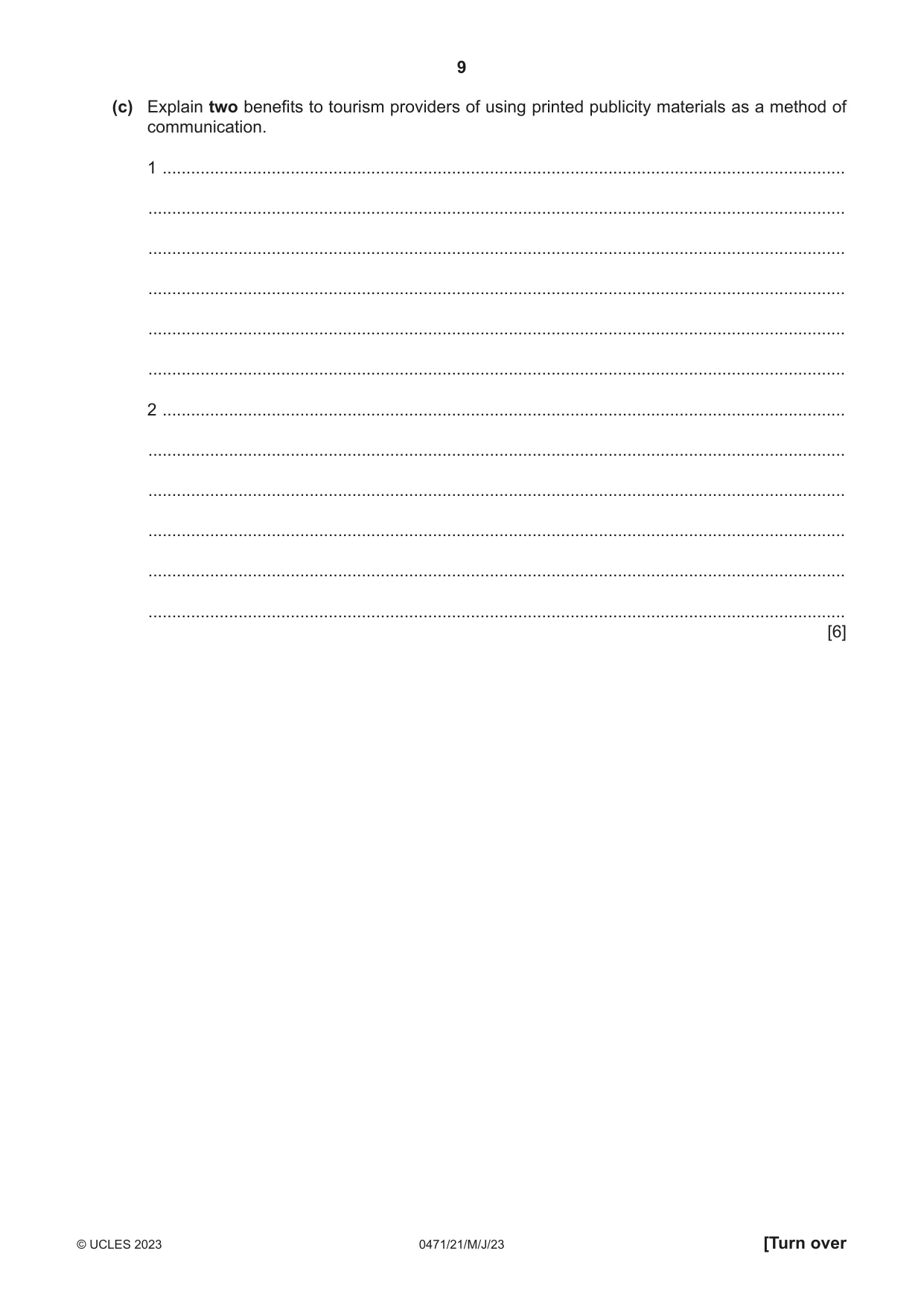 Cambridge IGCSE Travel and Tourism 0471 2023 May/June Paper 2 · Variant 1 question paper, page 9 of 16