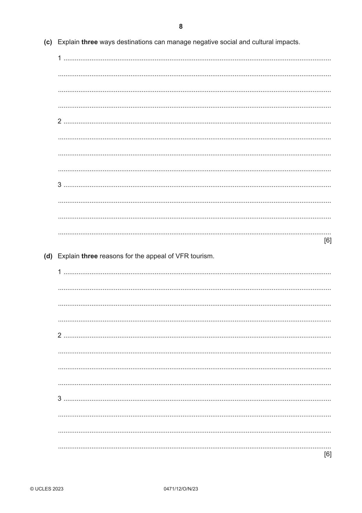 Cambridge IGCSE Travel and Tourism 0471 2023 Oct/Nov Paper 1 · Variant 2 question paper, page 8 of 12