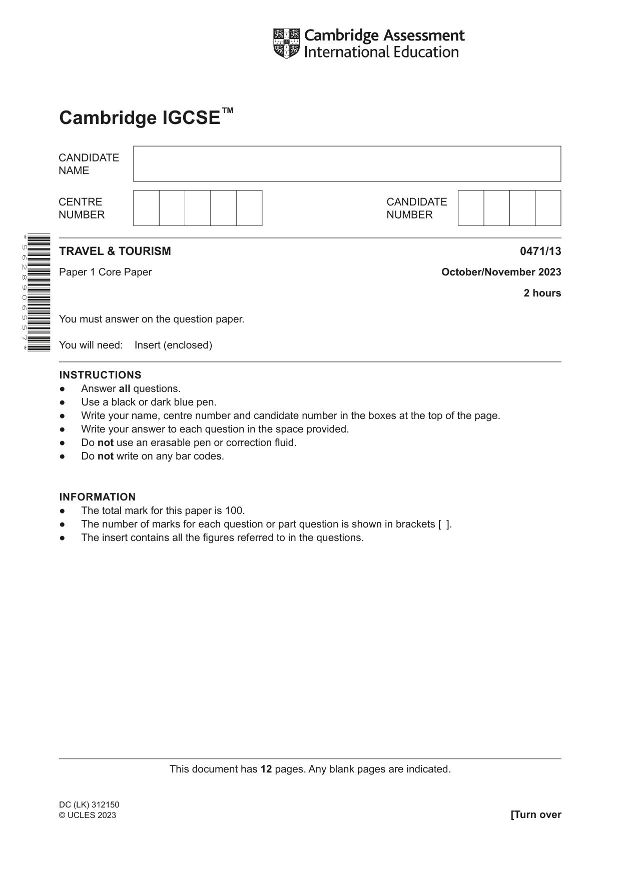 Cambridge IGCSE Travel and Tourism 0471 2023 Oct/Nov Paper 1 · Variant 3 question paper, page 1 of 12