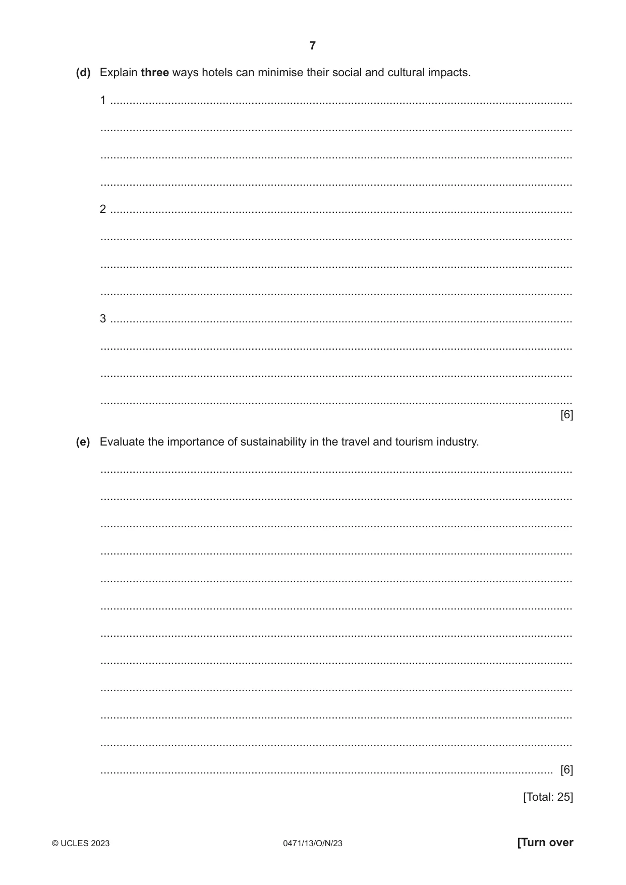 Cambridge IGCSE Travel and Tourism 0471 2023 Oct/Nov Paper 1 · Variant 3 question paper, page 7 of 12