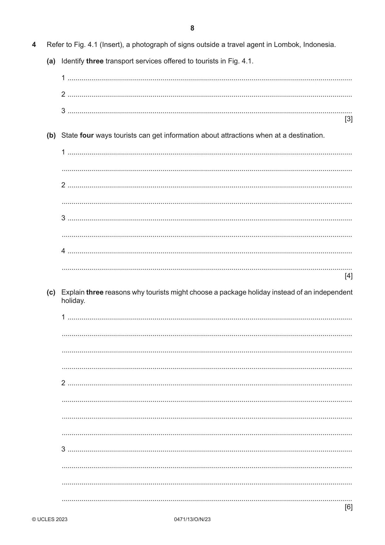 Cambridge IGCSE Travel and Tourism 0471 2023 Oct/Nov Paper 1 · Variant 3 question paper, page 8 of 12