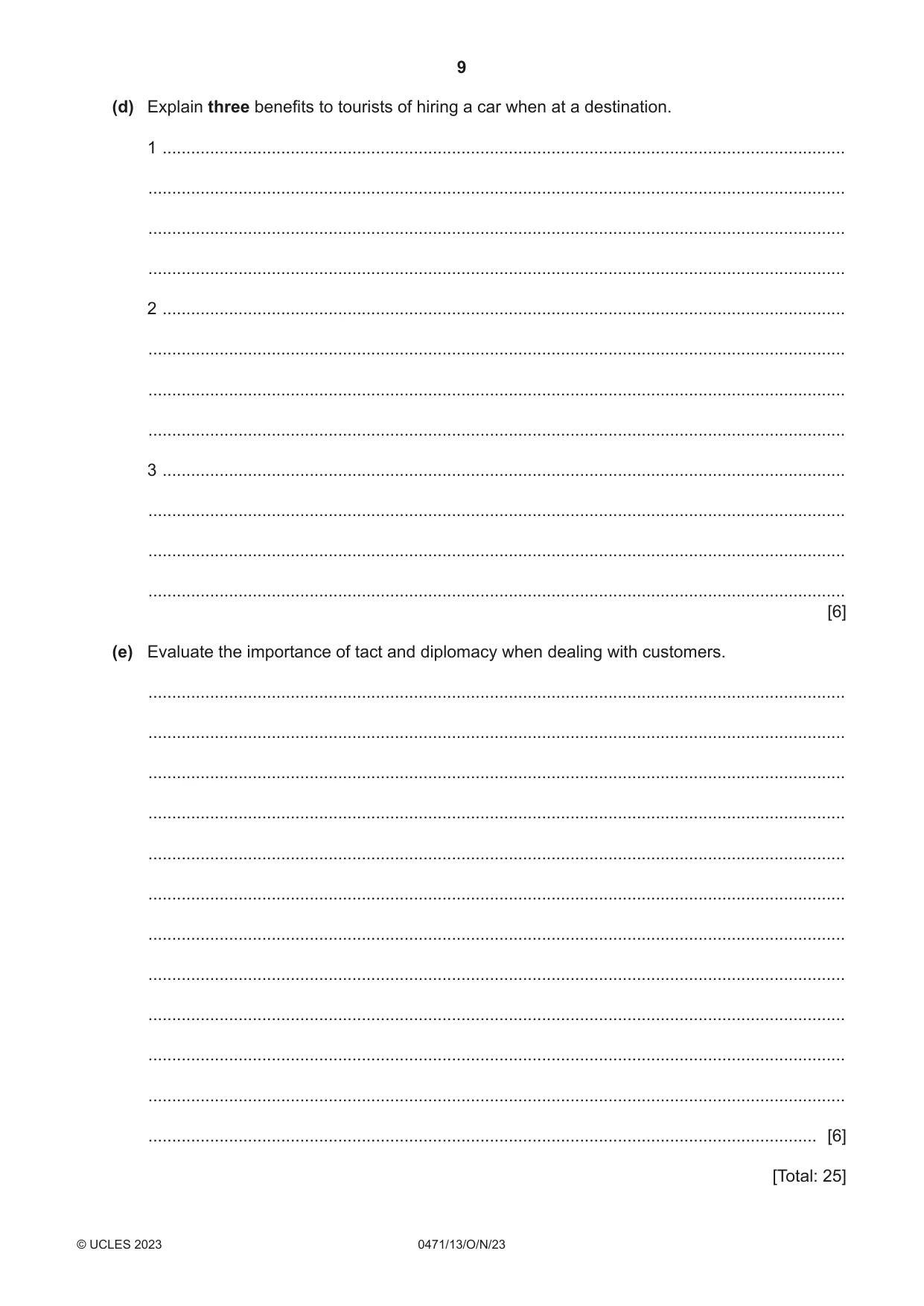 Cambridge IGCSE Travel and Tourism 0471 2023 Oct/Nov Paper 1 · Variant 3 question paper, page 9 of 12