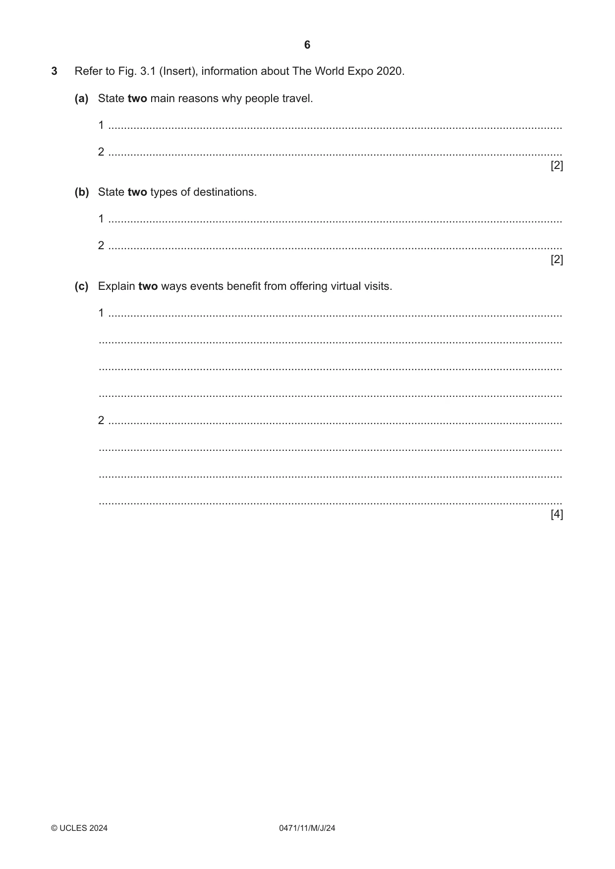 Cambridge IGCSE Travel and Tourism 0471 2024 May/June Paper 1 · Variant 1 question paper, page 6 of 12