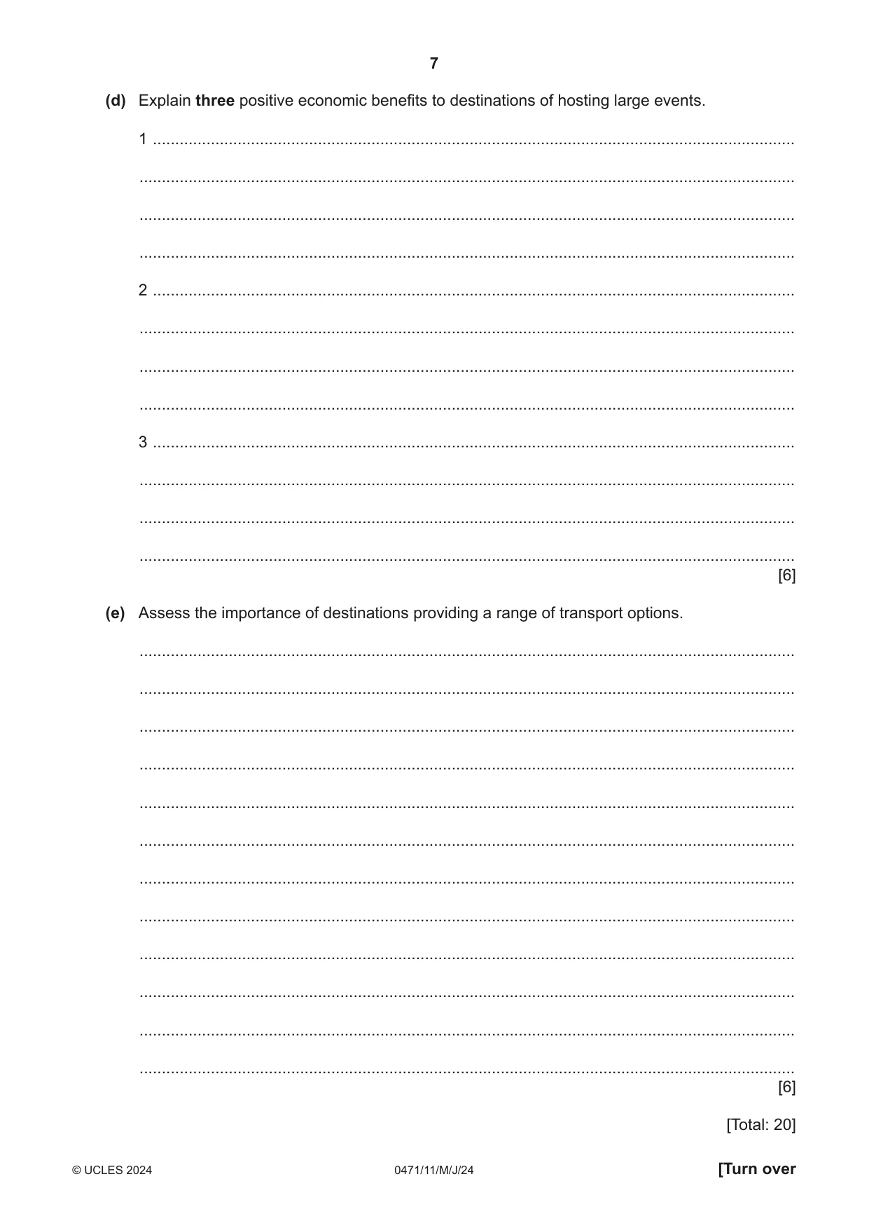Cambridge IGCSE Travel and Tourism 0471 2024 May/June Paper 1 · Variant 1 question paper, page 7 of 12