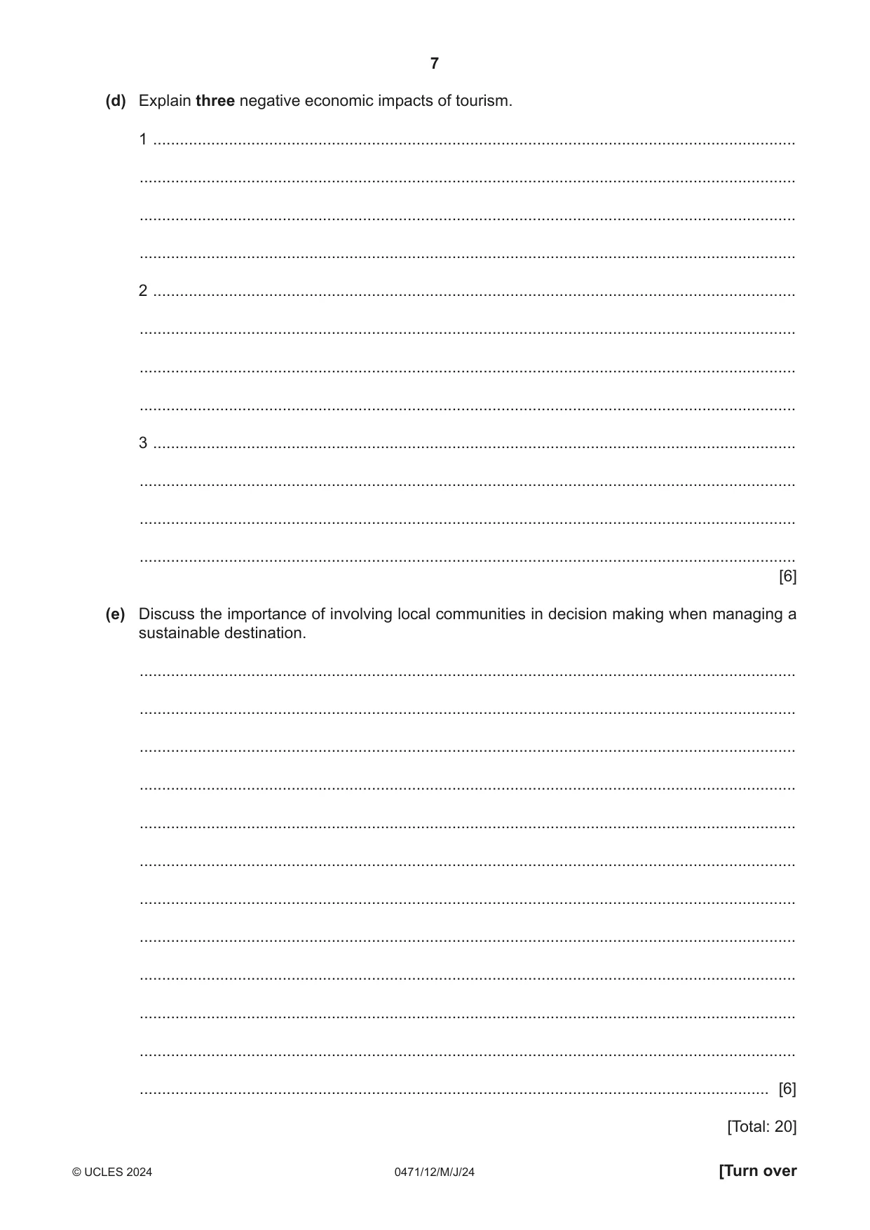 Cambridge IGCSE Travel and Tourism 0471 2024 May/June Paper 1 · Variant 2 question paper, page 7 of 12