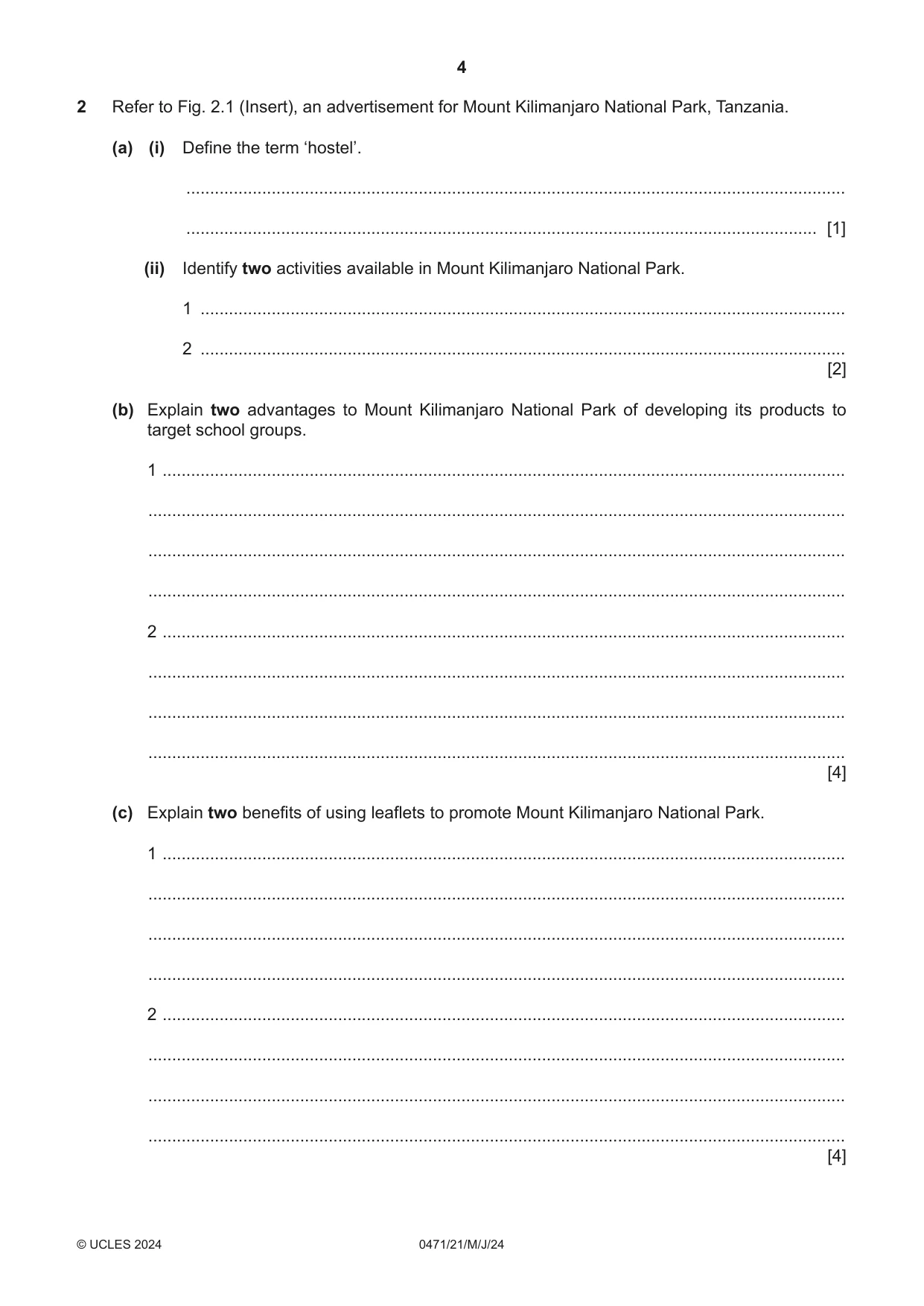 Cambridge IGCSE Travel and Tourism 0471 2024 May/June Paper 2 · Variant 1 question paper, page 4 of 12