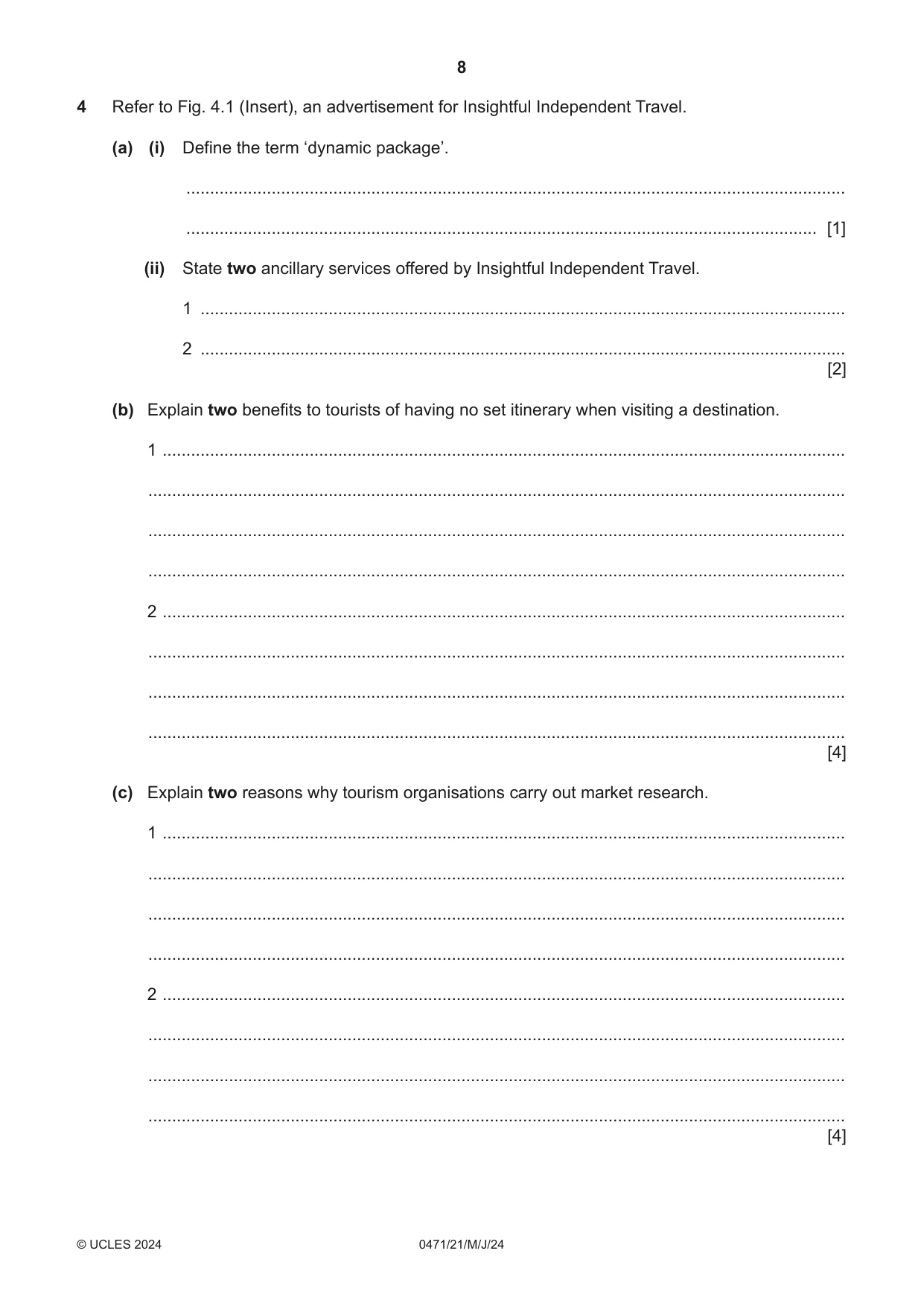 Cambridge IGCSE Travel and Tourism 0471 2024 May/June Paper 2 · Variant 1 question paper, page 8 of 12