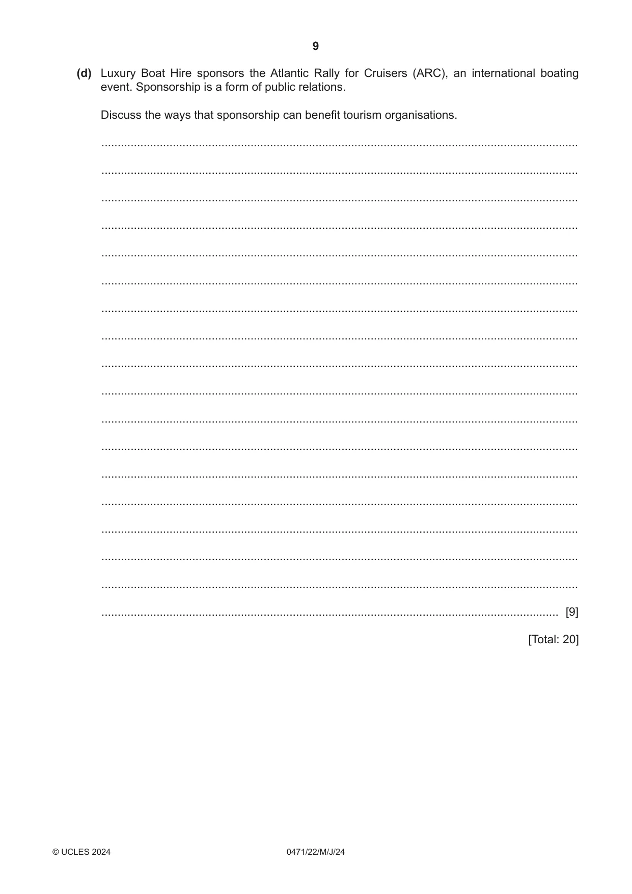 Cambridge IGCSE Travel and Tourism 0471 2024 May/June Paper 2 · Variant 2 question paper, page 9 of 12