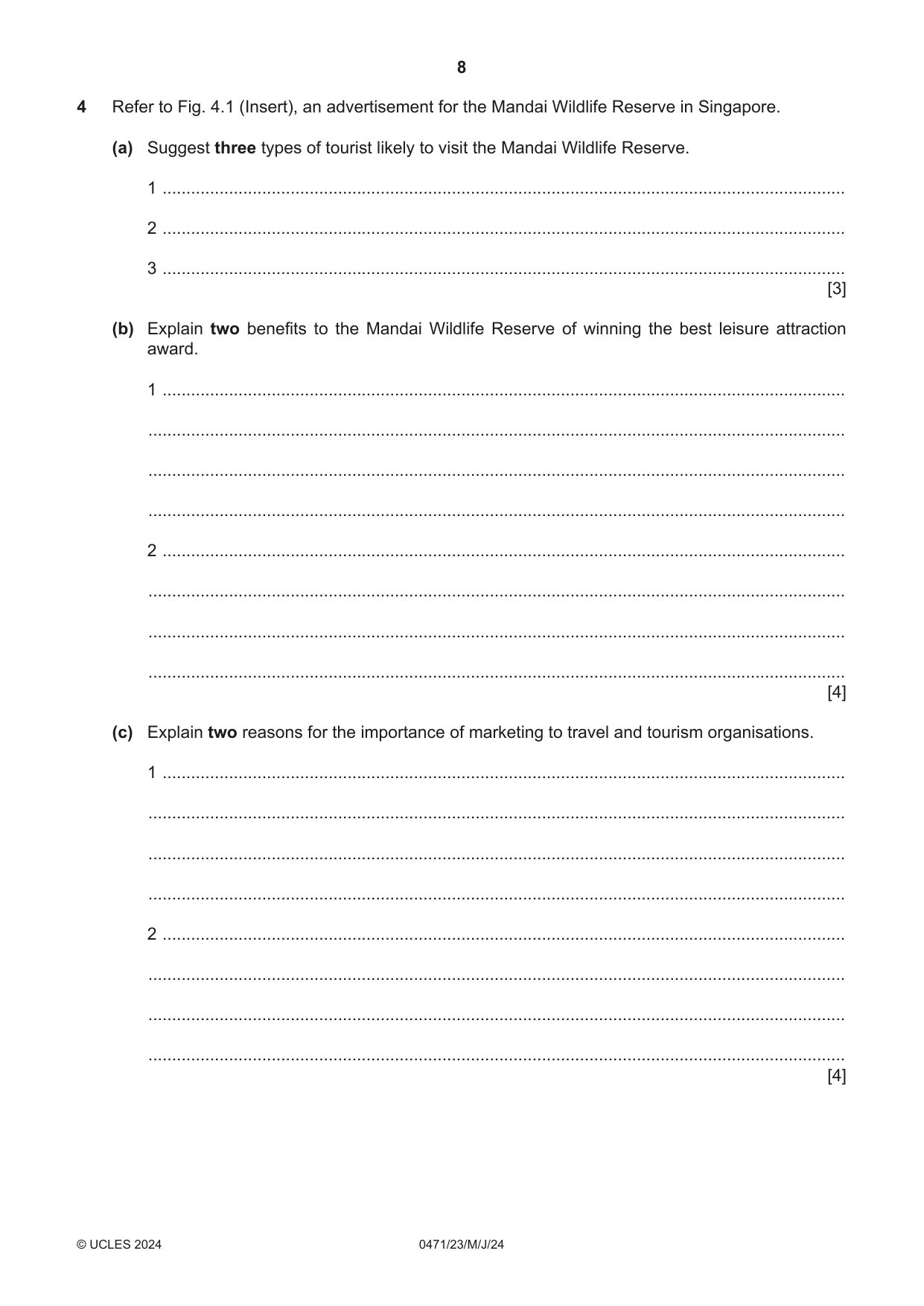 Cambridge IGCSE Travel and Tourism 0471 2024 May/June Paper 2 · Variant 3 question paper, page 8 of 12