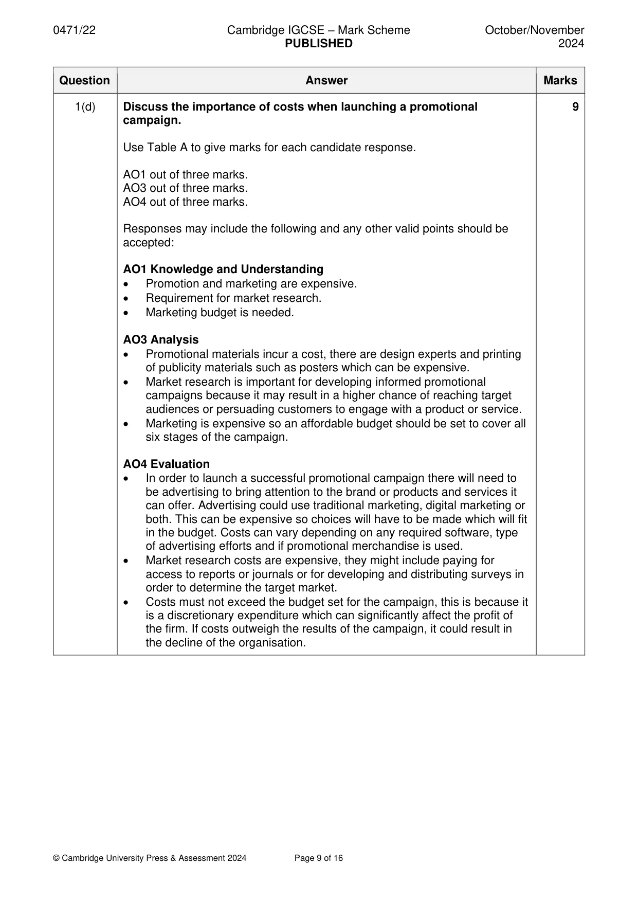 Mark scheme, page 9 of 16