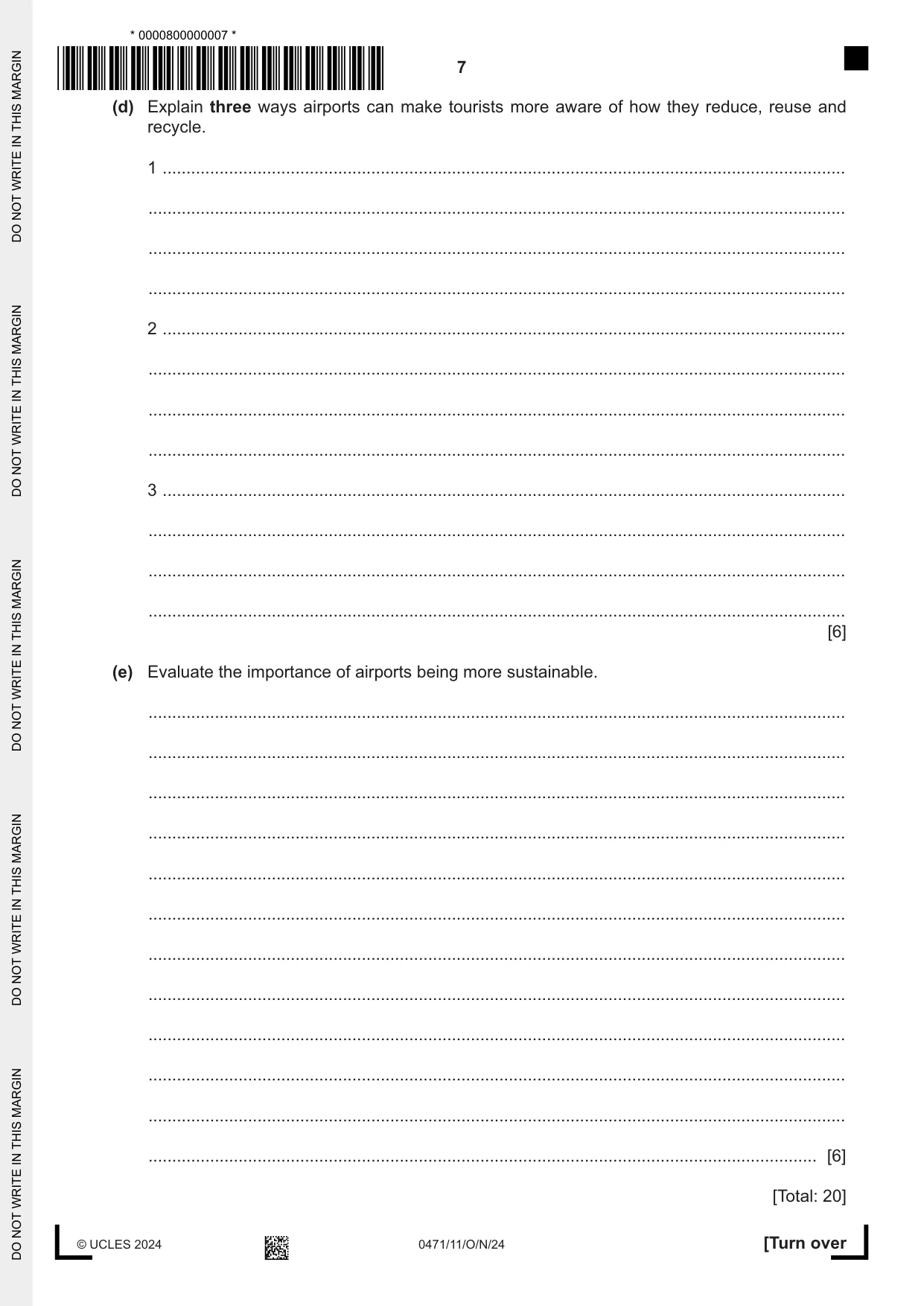 Cambridge IGCSE Travel and Tourism 0471 2024 Oct/Nov Paper 1 · Variant 1 question paper, page 7 of 12
