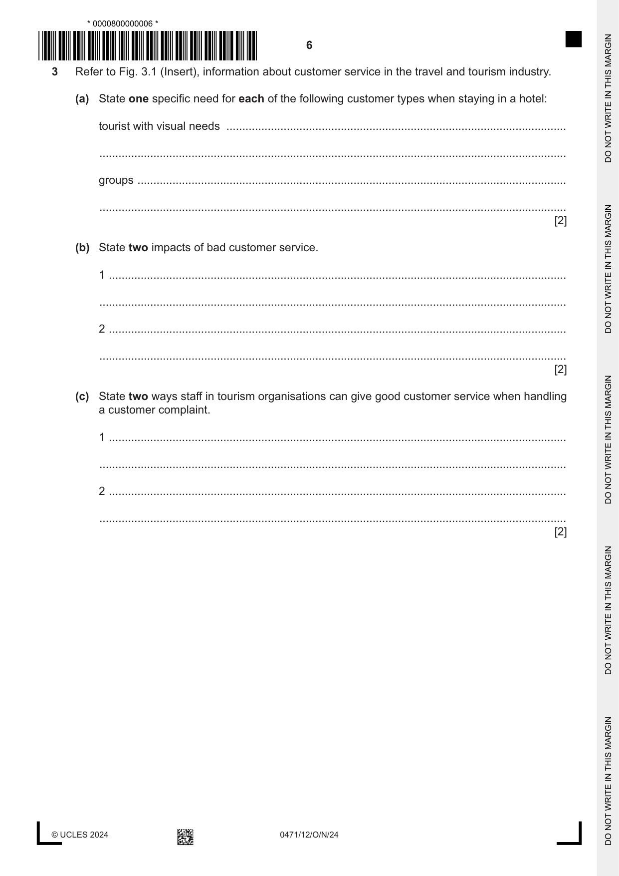 Cambridge IGCSE Travel and Tourism 0471 2024 Oct/Nov Paper 1 · Variant 2 question paper, page 6 of 12