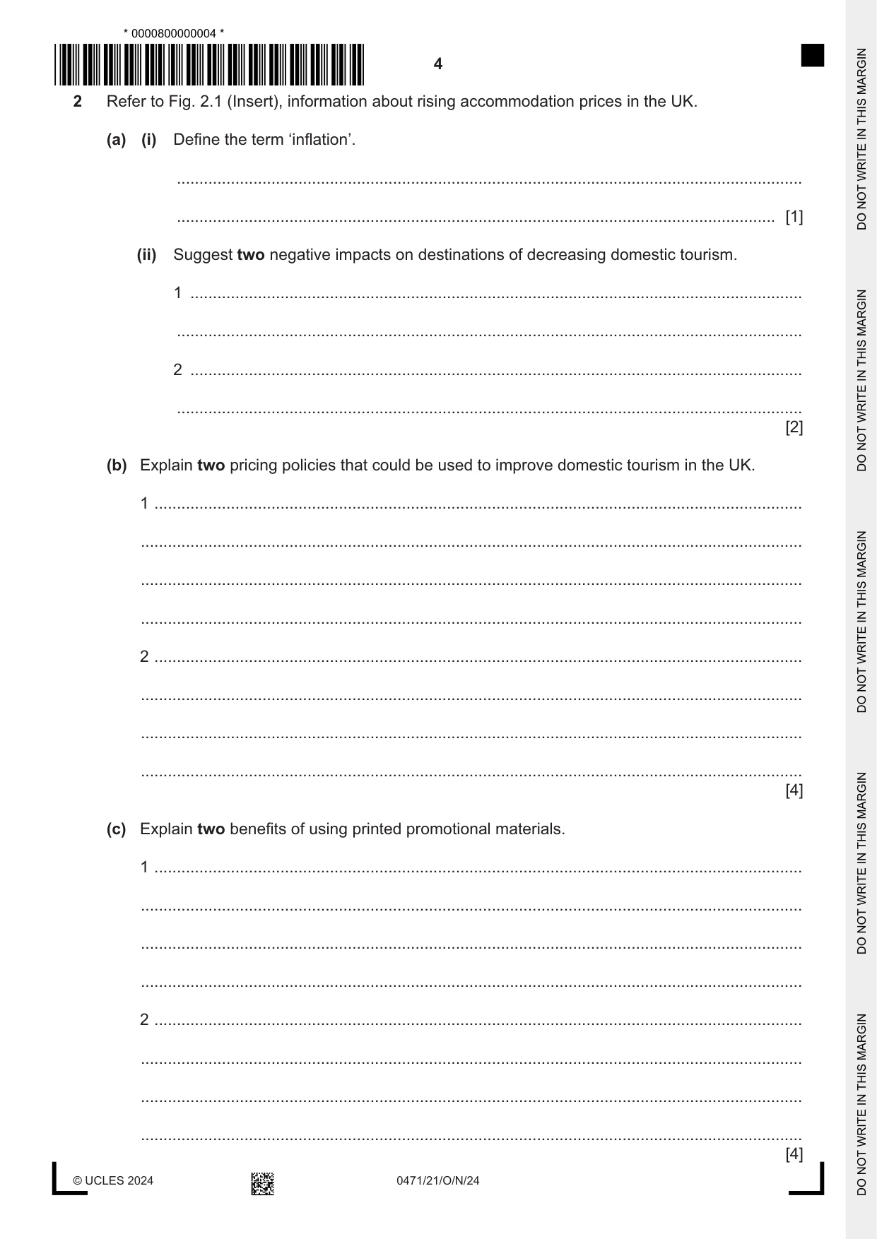 Cambridge IGCSE Travel and Tourism 0471 2024 Oct/Nov Paper 2 · Variant 1 question paper, page 4 of 12