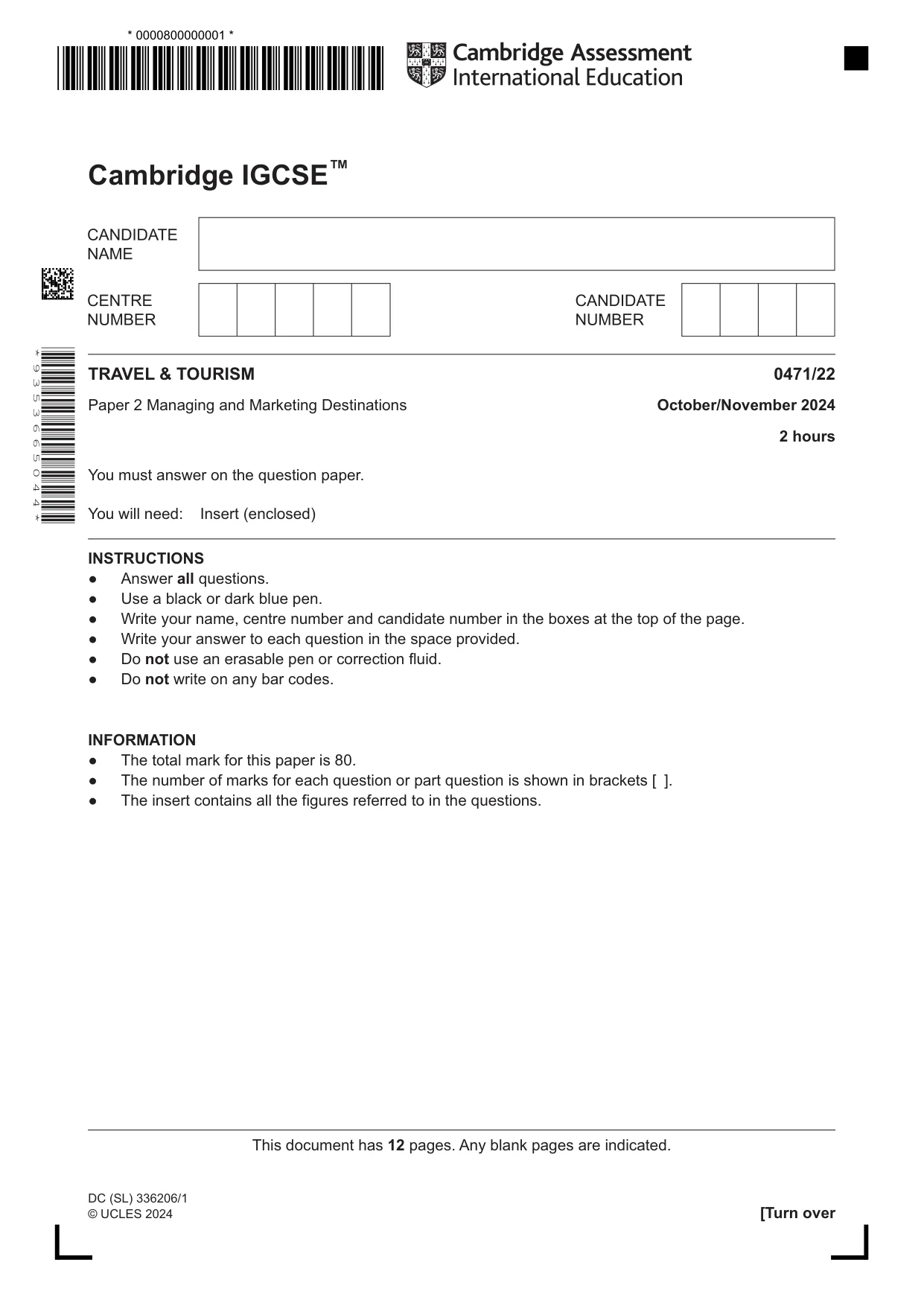 Cambridge IGCSE Travel and Tourism 0471 2024 Oct/Nov Paper 2 · Variant 2 question paper, page 1 of 12