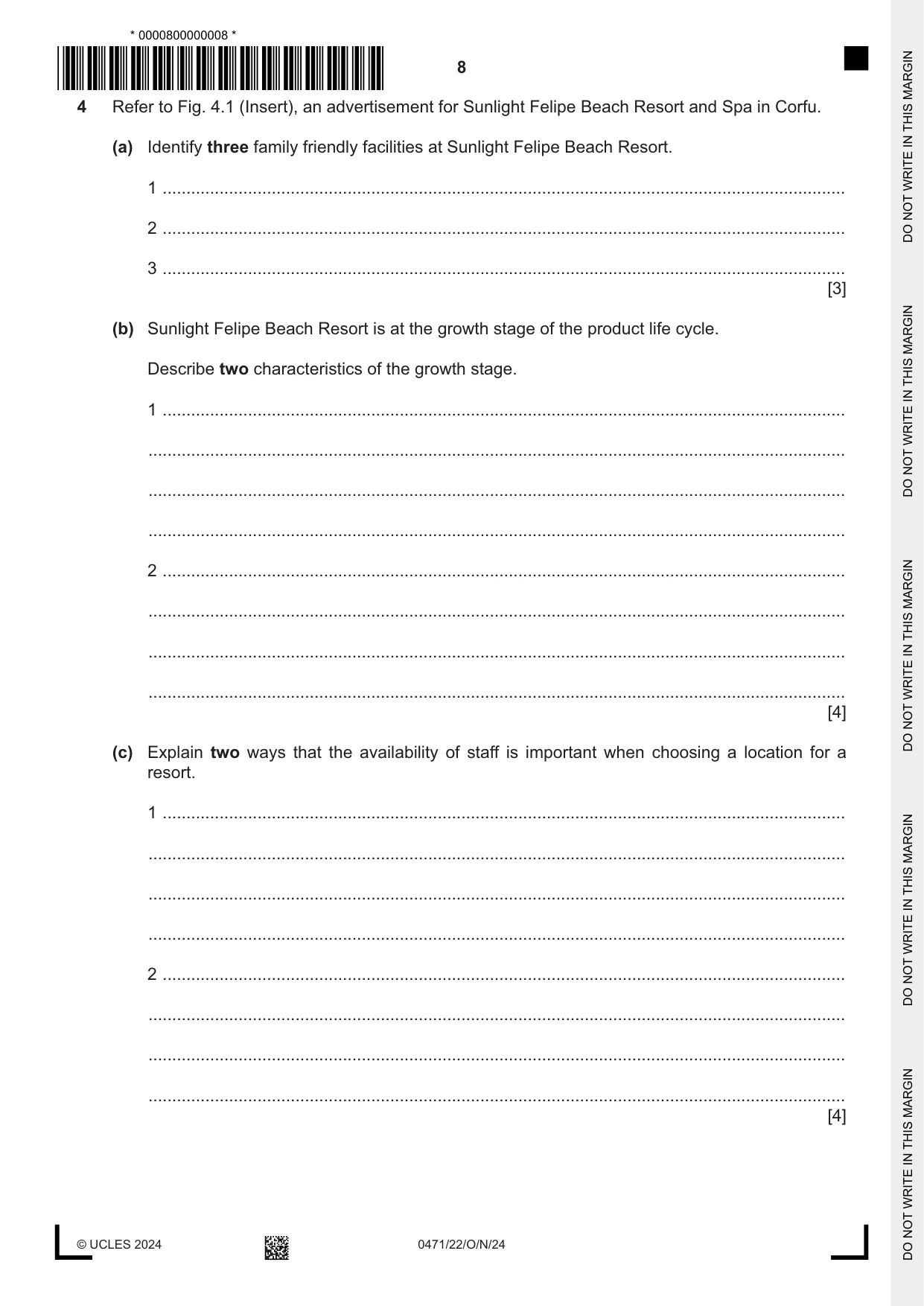 Cambridge IGCSE Travel and Tourism 0471 2024 Oct/Nov Paper 2 · Variant 2 question paper, page 8 of 12