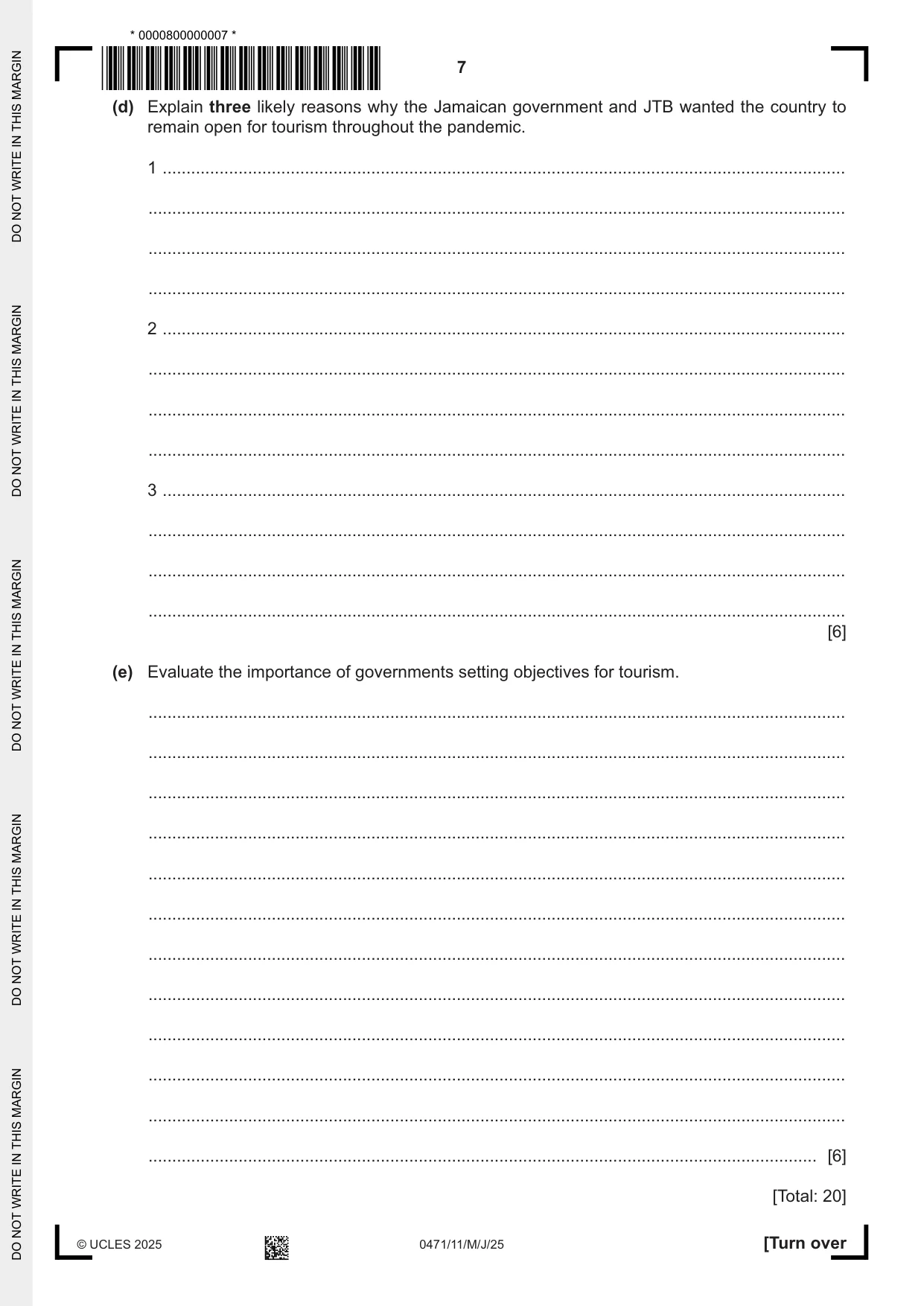 Cambridge IGCSE Travel and Tourism 0471 2025 May/June Paper 1 · Variant 1 question paper, page 7 of 12