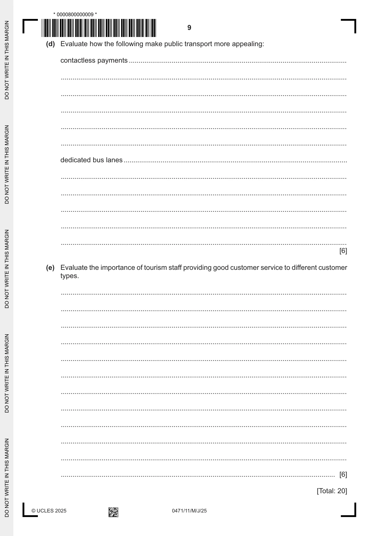 Cambridge IGCSE Travel and Tourism 0471 2025 May/June Paper 1 · Variant 1 question paper, page 9 of 12