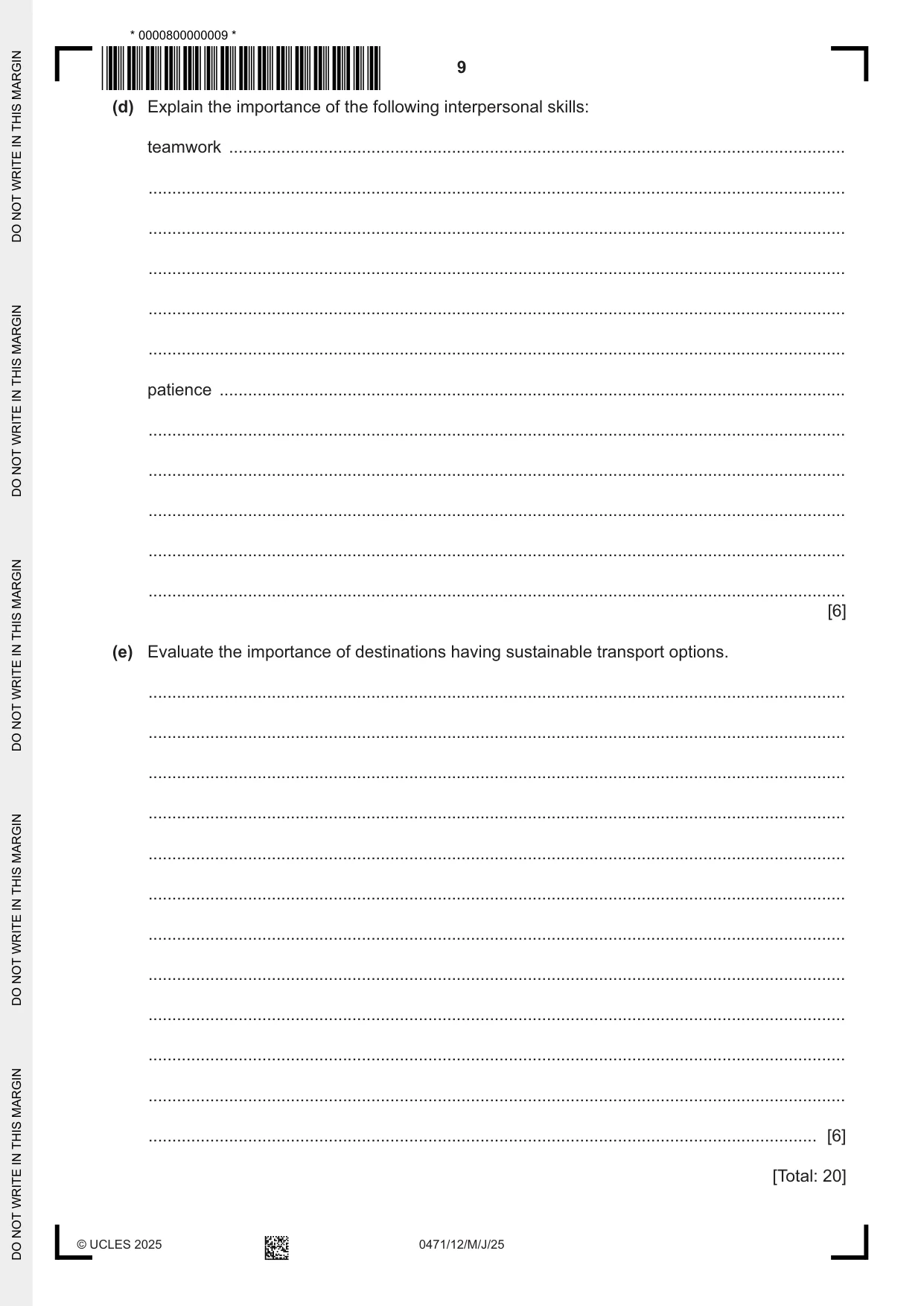 Cambridge IGCSE Travel and Tourism 0471 2025 May/June Paper 1 · Variant 2 question paper, page 9 of 12