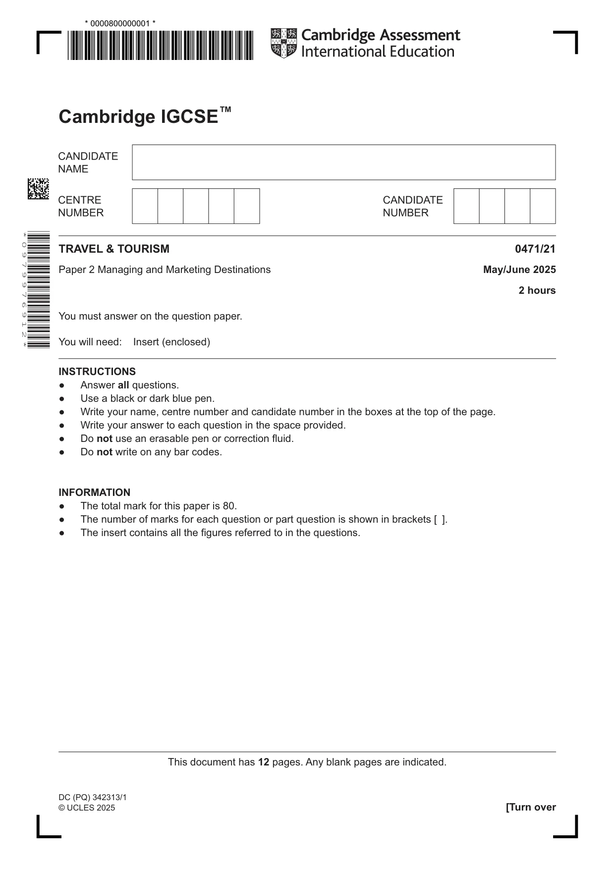 Cambridge IGCSE Travel and Tourism 0471 2025 May/June Paper 2 · Variant 1 question paper, page 1 of 12