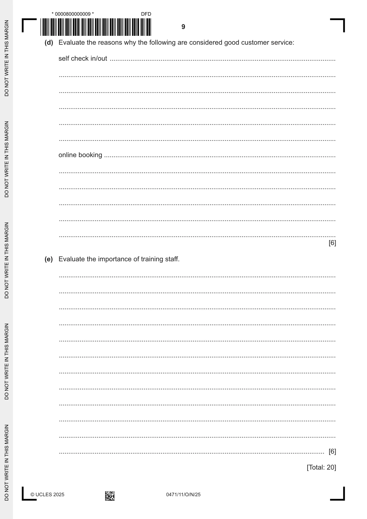 Cambridge IGCSE Travel and Tourism 0471 2025 Oct/Nov Paper 1 · Variant 1 question paper, page 9 of 12