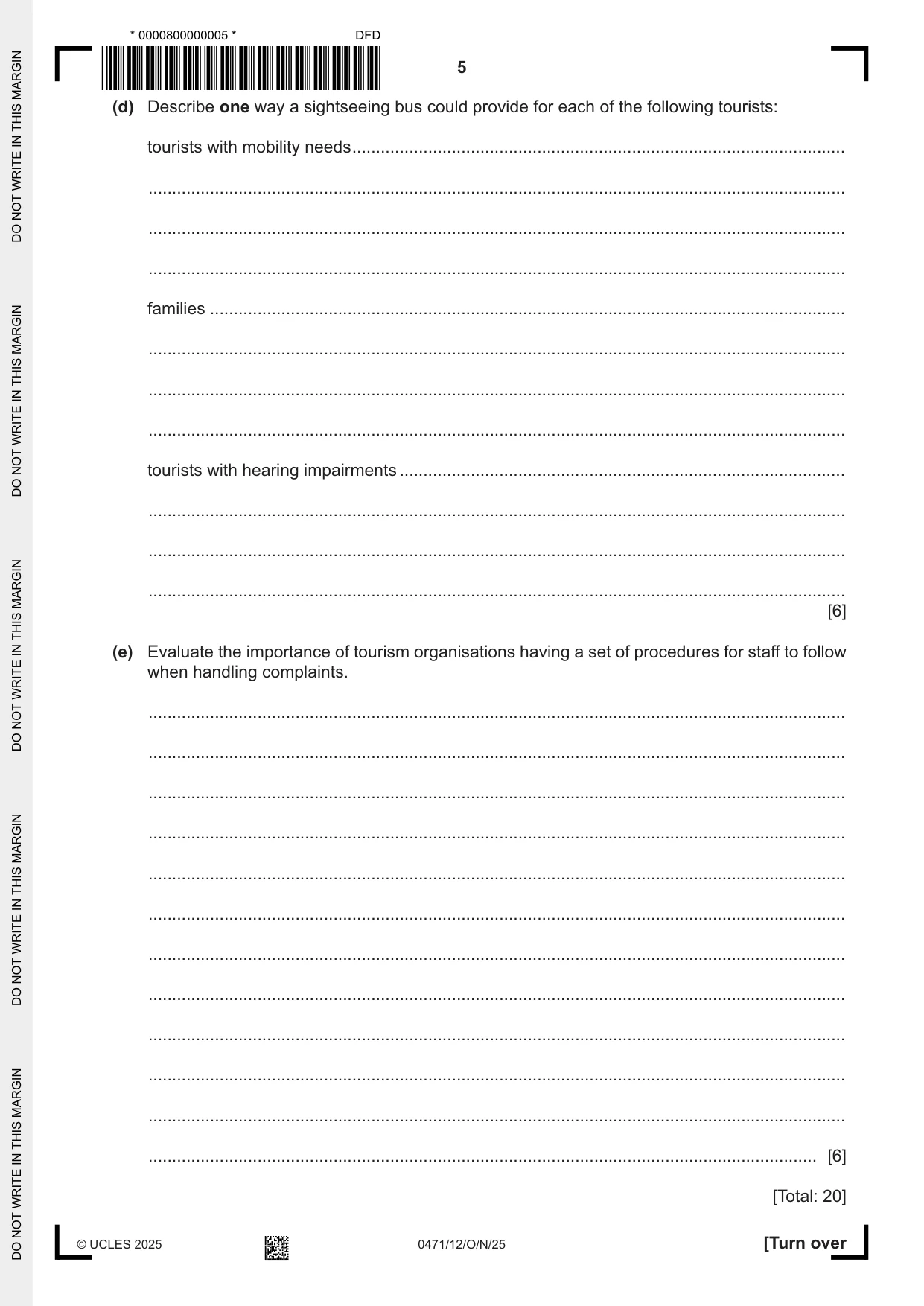 Cambridge IGCSE Travel and Tourism 0471 2025 Oct/Nov Paper 1 · Variant 2 question paper, page 5 of 12