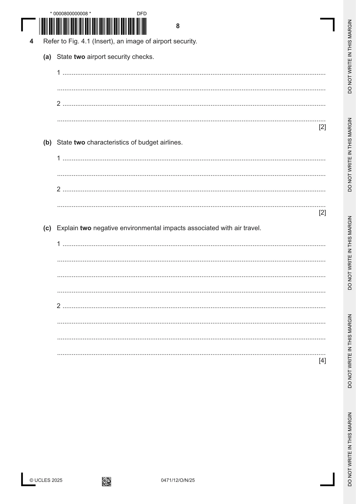 Cambridge IGCSE Travel and Tourism 0471 2025 Oct/Nov Paper 1 · Variant 2 question paper, page 8 of 12