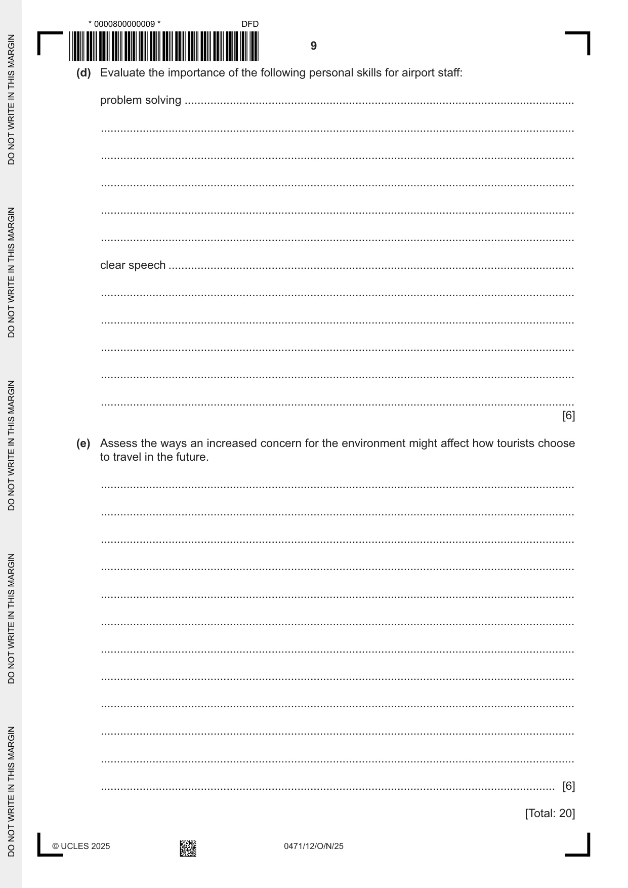 Cambridge IGCSE Travel and Tourism 0471 2025 Oct/Nov Paper 1 · Variant 2 question paper, page 9 of 12