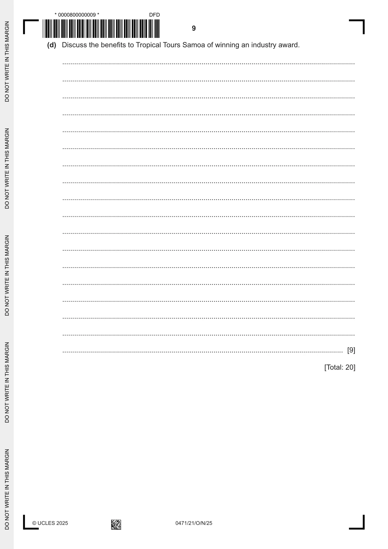 Cambridge IGCSE Travel and Tourism 0471 2025 Oct/Nov Paper 2 · Variant 1 question paper, page 9 of 12