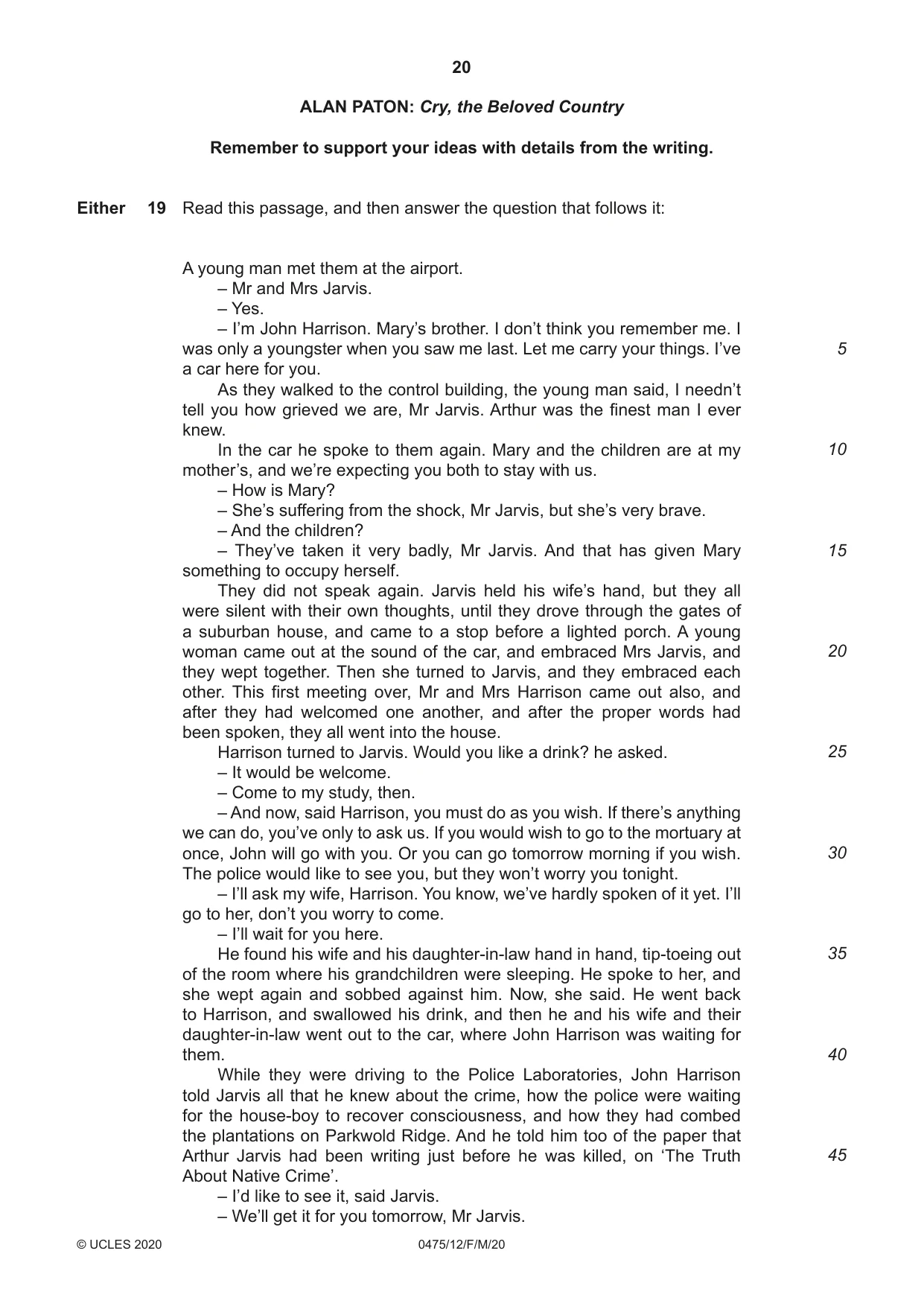 Cambridge IGCSE English - Literature in English 0475 2020 Feb/March Paper 1 · Variant 2 question paper, page 20 of 24