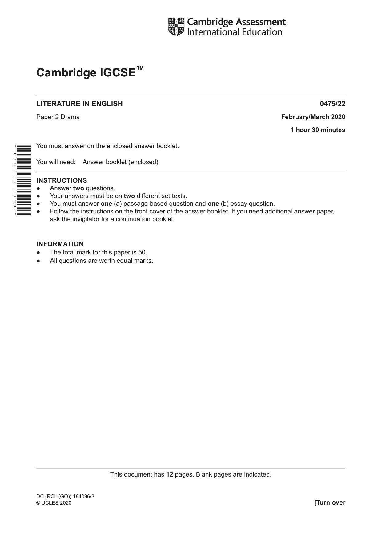 Cambridge IGCSE English - Literature in English 0475 2020 Feb/March Paper 2 · Variant 2 question paper, page 1 of 12