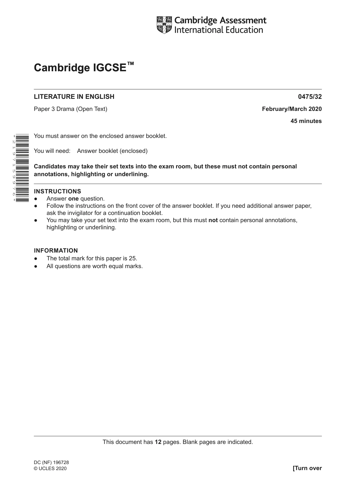Cambridge IGCSE English - Literature in English 0475 2020 Feb/March Paper 3 · Variant 2 question paper, page 1 of 12